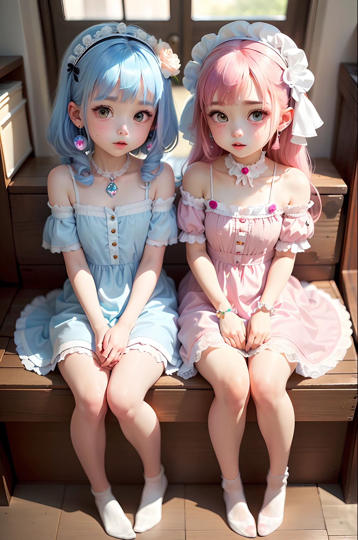 （Two little girls sitting together），（A cute little girl with pink hair），（Another cute little blue-haired girl），（Gemstone-embellished white dress），wavey hair，long whitr hair，（Flower headdress），Heart-shaped earrings，（Eyes that sparkle like gemstones），naïve，（inside in room），short- sleeved，（Young），（White and tender skin），（slender figures），（White stockings），Cute cute cute cute cute cute cute cute cute cute cute cut，Moe Moe，adolable ，Endearing,Immature ，Cute cute cute cute cute cute，bit girl，（small），CG，（short），（Tsundere），Cute cute，Cute cute cute cute cute cute，Moe Moe，bit girl，bit girl，bit girl，bit girl，（Two little girls），（Two little girls），（two guys），（two guys），（Double），（twincest）