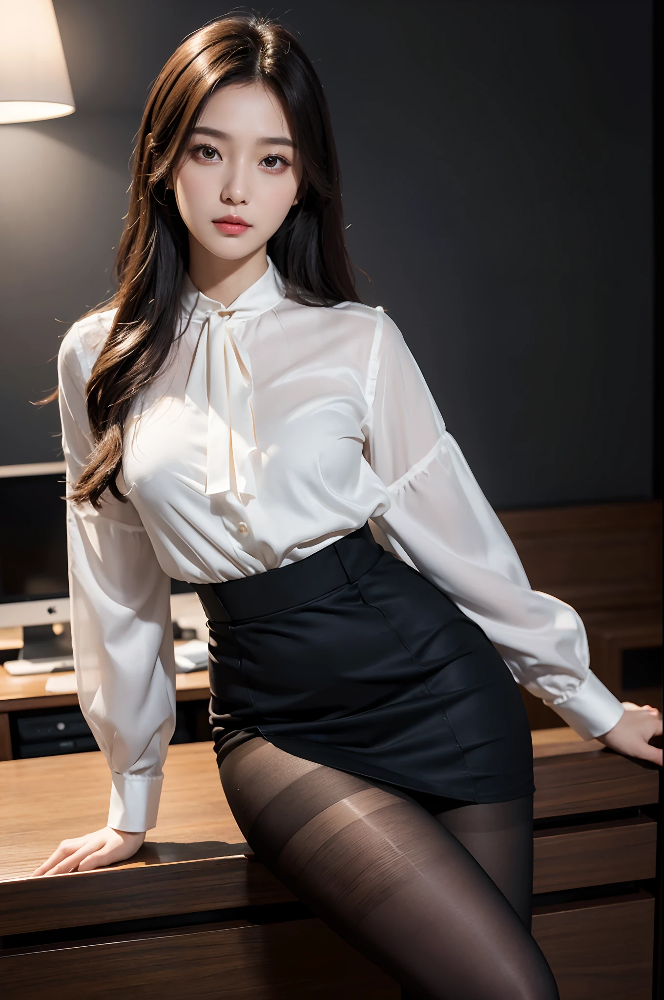 20 years old, female body and male penis are combined as one body, a beautiful face of an actress, tight formal shirt is worn, erect penis between legs is exposed, pubic hair, bare crotch and thighs, standing, nsfw, best quality, highly detailed, masterpiece, ultra high res, photo realistic, 8k