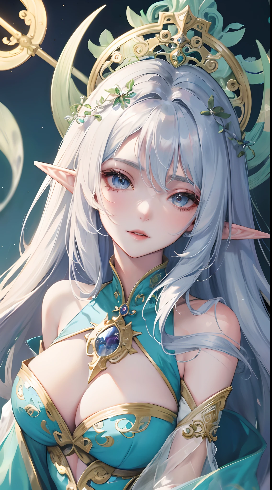 Close-up of a woman with long silver hair,a beautiful fantasy empress,queen of the sea mu yanling,beautiful and elegant elf queen,GameCG,((a beautiful fantasy empress)),xianxia fantasy,beautiful celestial mage,hyper-detailed fantasy character，best qualtiy，super detailing，Good atmosphere，delicated，cg render，detail render，（Delicate facial portrayal）（Fine hair portrayal）（highest  quality）（Master masterpieces）（High degree of completion）（a sense of atmosphere）8k wallpaper，tmasterpiece，ultra - detailed（half-body portrait）