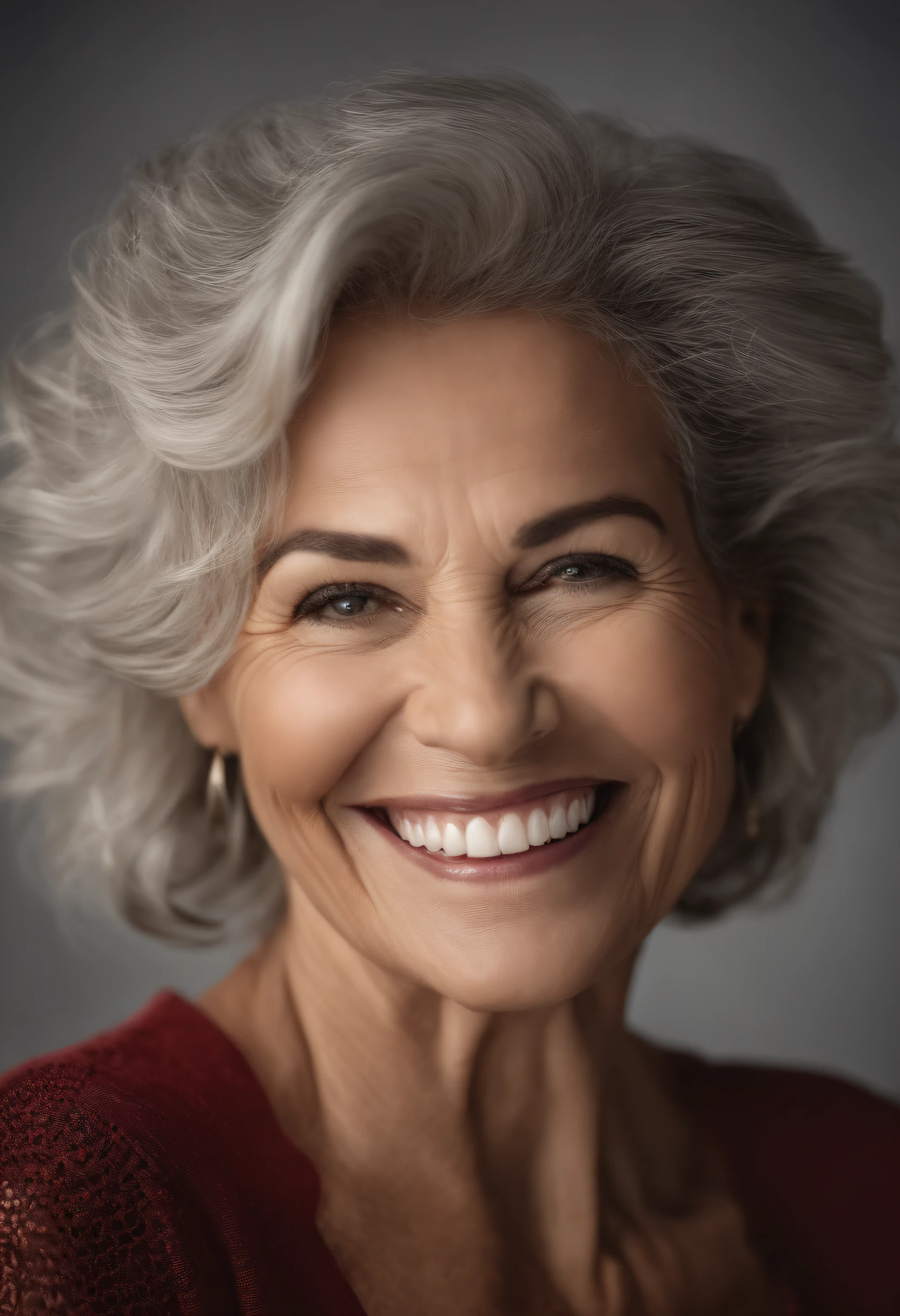 mulher madura sorrindo, cabelos brancos, 60 anos, sorriso perfeito, mostrando os dentes, retrato, 8k, ultra realista