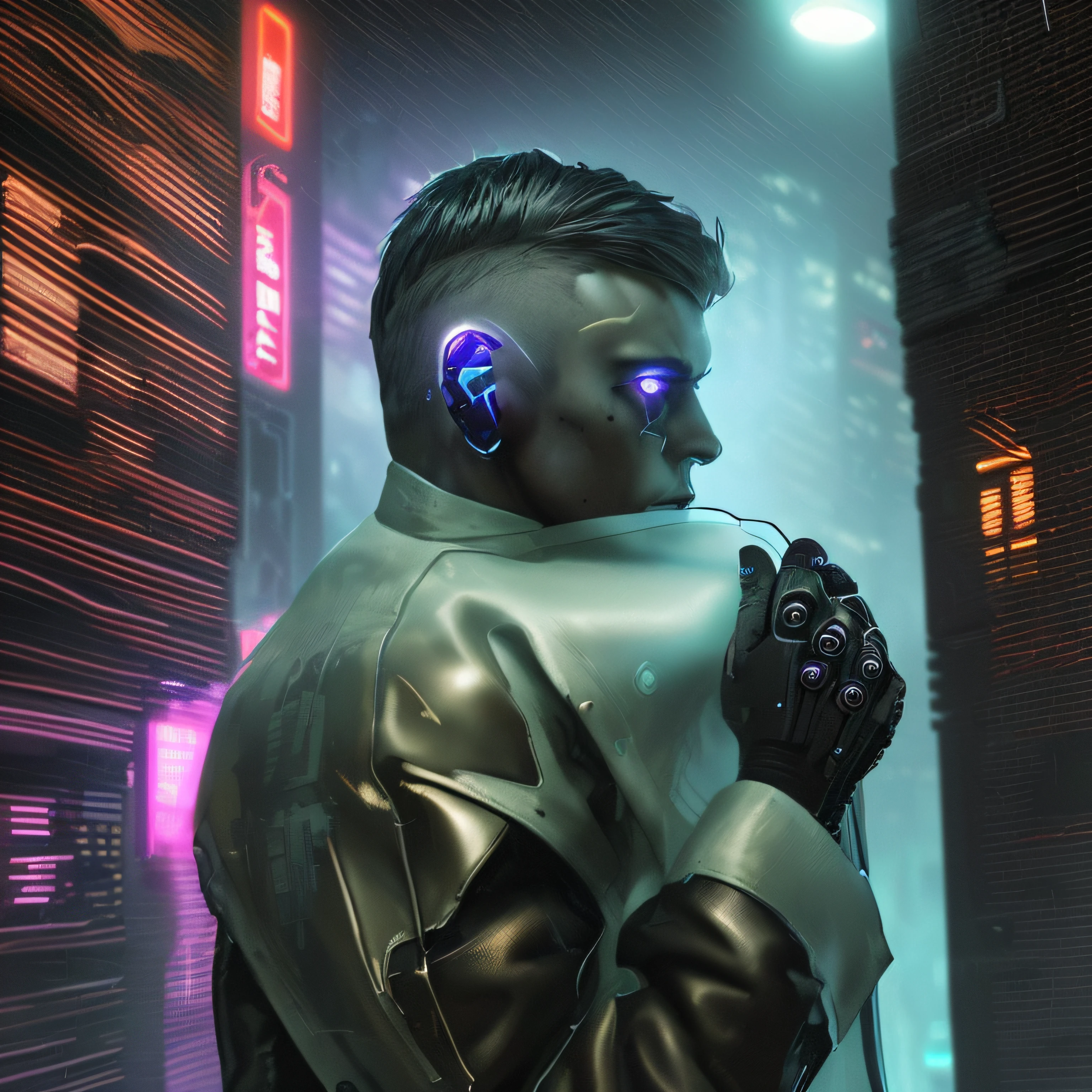 best quality,ultra-detailed,Cyberpunk themed man,glowing neon lights,metallic wires,high-tech goggles,leather jacket,urban setting,city skyline seen from a rooftop,heavy rain pouring down,evocative atmosphere,gritty textures,cybernetic implants and enhancements,steam rising from sewer grates,dystopian future setting,angular and futuristic architecture,hovering drones,futuristic vehicles,sharp and vibrant colors,dark and moody tones,blurred motion effects,mysterious alleyways,reflective surfaces,electronic billboards,smoke-filled streets,steam punk elements,industrial machinery,heavy machinery noises,electronic music playing softly in the background