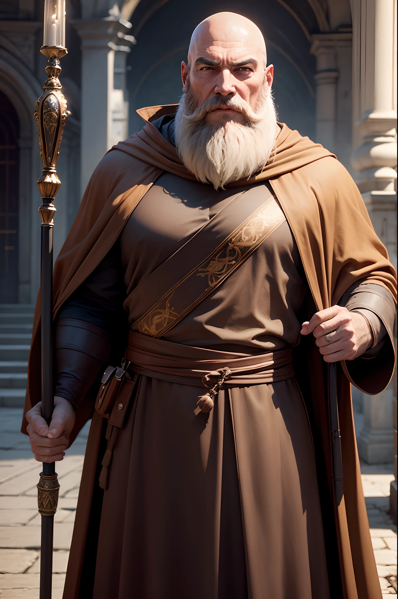 creates realistic cinematic image in 8k of São Bento dressed in a brown cassock, bald, with a staff in his hand, with Big White Beard
