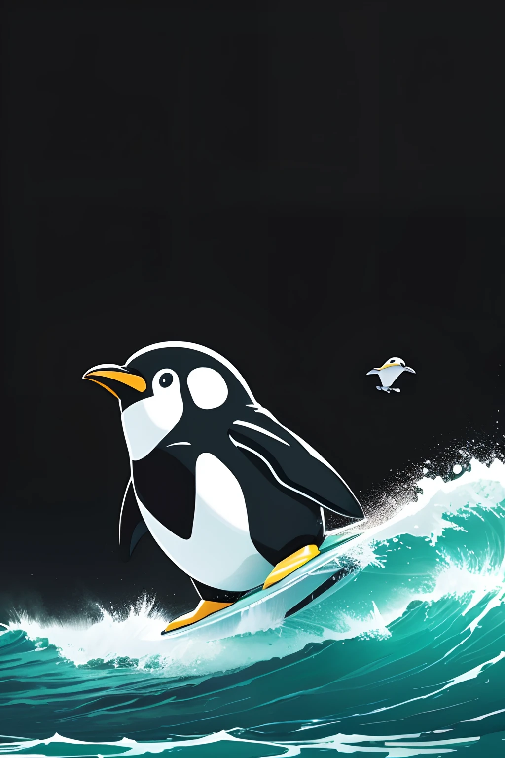 Imagine Prompt、Cute penguin illustration isolated on black background、Shaped like a robot、Bold outline style、surfing