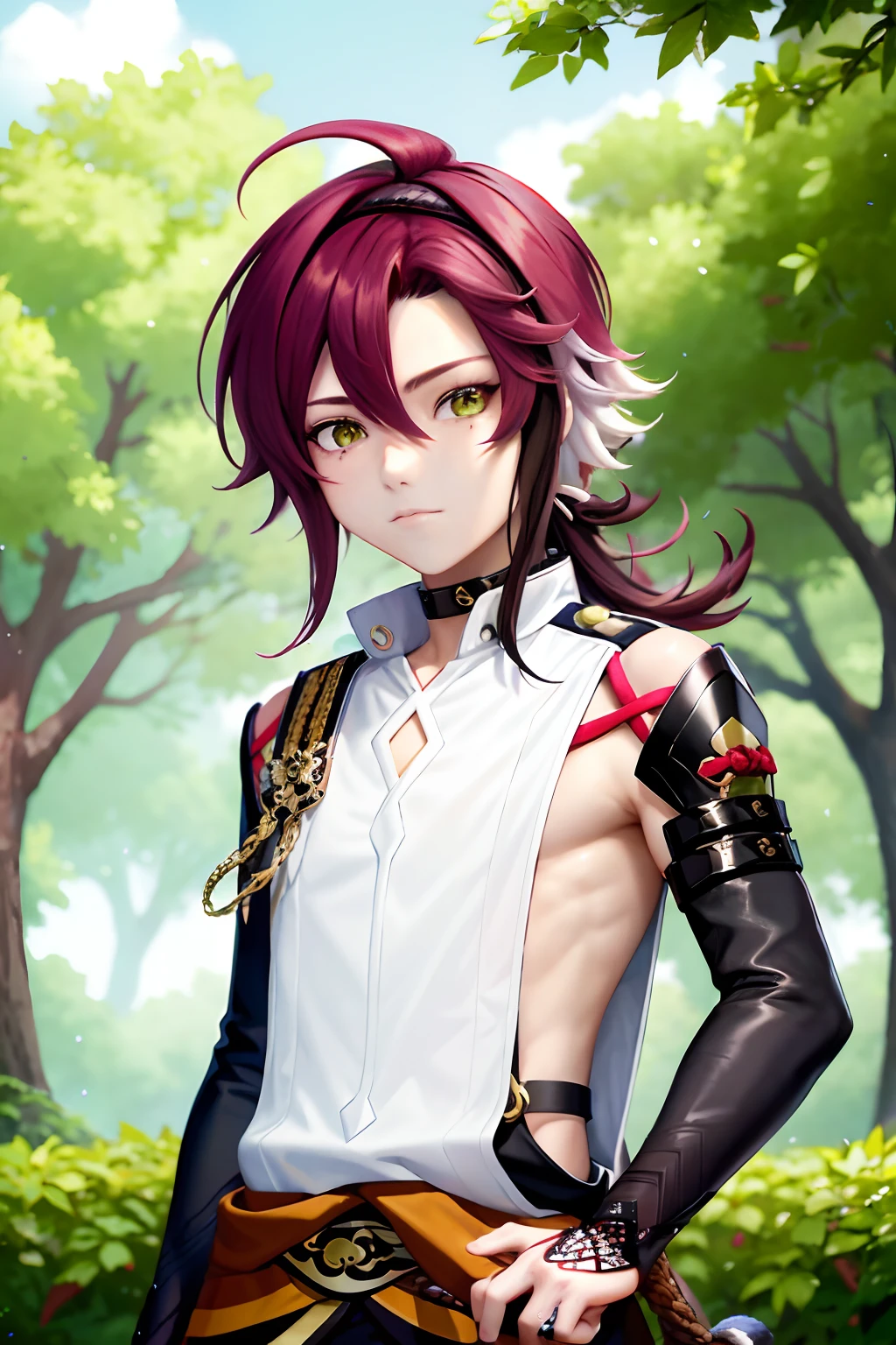 masterpiece, best quality,Shikanoin Heizou (genshin impact), 1boy, male focus, kurokote, green eyes, kote, multicolored hair, mole under eye, red hair, solo, mole, black choker, japanese armor, looking at viewer, choker, armor, streaked hair, aiguillette, sleeveless, ahoge, long hair, low ponytail,(kbxll:0.6)