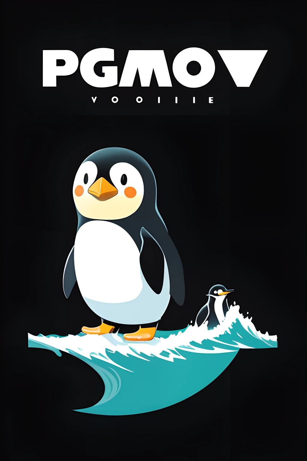 Imagine Prompt、Cute penguin illustration isolated on black background、pop-art、Bold outline style、Surfing