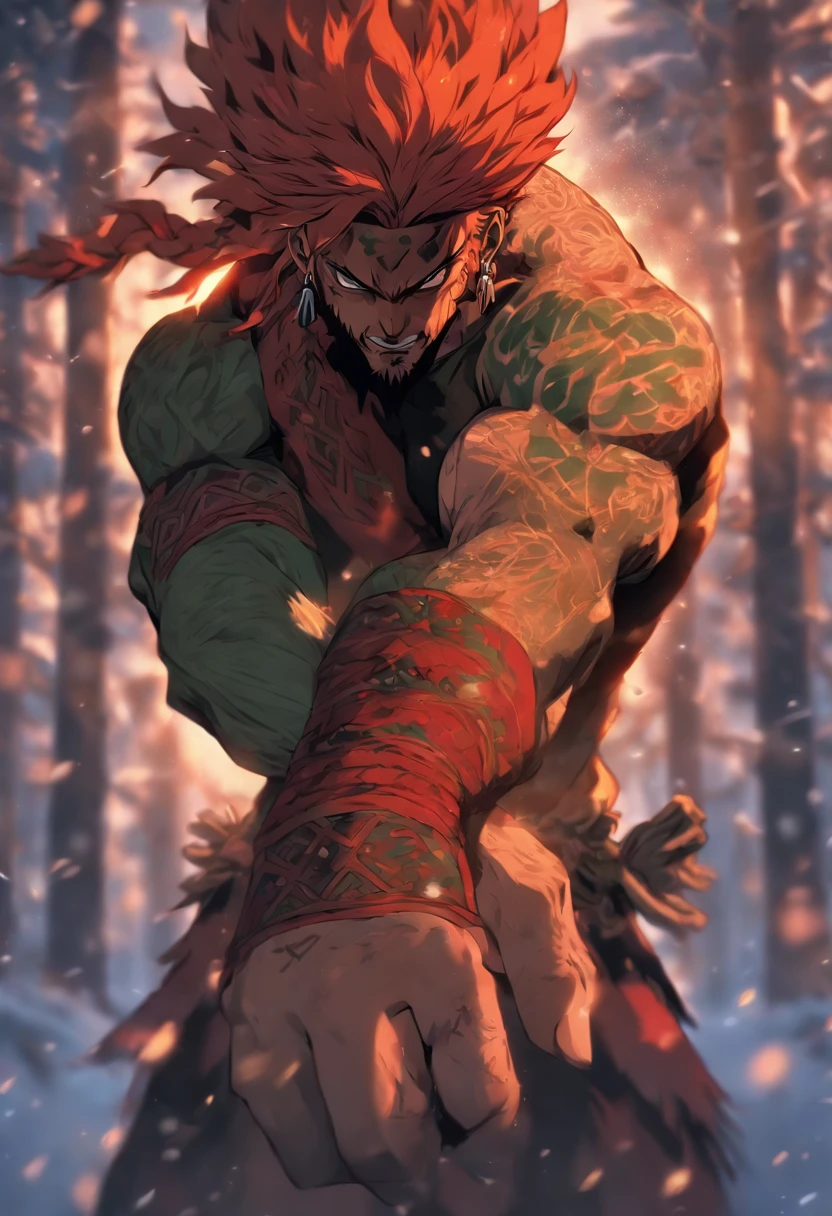 (((Man with amputated arm )))best quality, very high resolution, 4K detailed CG, master piece, Tyr, Nordic warrior, beard and red hair, amputated hand, amputated arm, only one arm, blood, only one hand, severed arm, severed hand, severed hand, severed arm, amputation, snow, nordic, ((severed arm)), expression of pain, forest, nordic mythology, without an arm, nordic tattoos, beautiful aesthetics, only one arm, beautiful image ,centered on the screen
