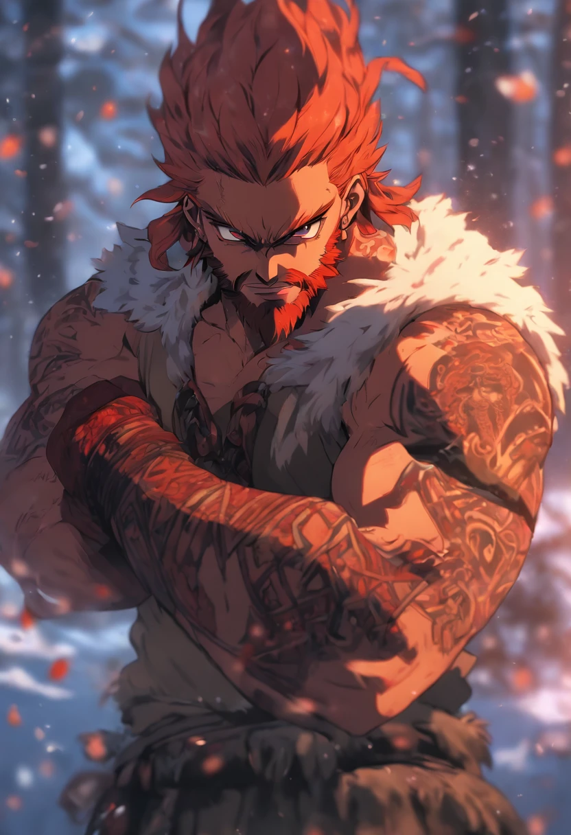 (((Man with amputated arm )))best quality, very high resolution, 4K detailed CG, master piece, Tyr, Nordic warrior, beard and red hair, amputated hand, amputated arm, only one arm, blood, only one hand, severed arm, severed hand, severed hand, severed arm, amputation, snow, nordic, ((severed arm)), expression of pain, forest, nordic mythology, without an arm, nordic tattoos, beautiful aesthetics, only one arm, beautiful image ,centered on the screen