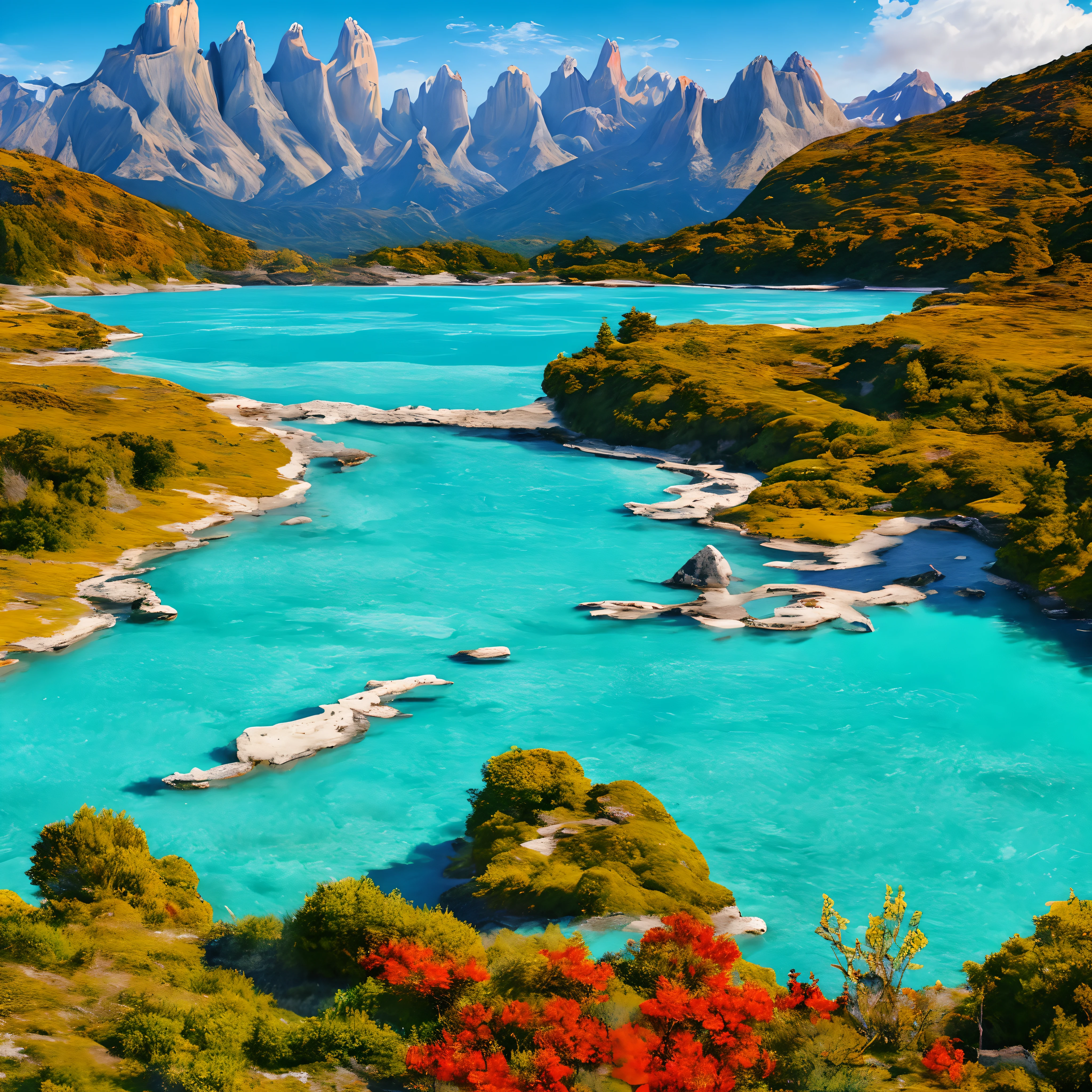 Red salmon fishing in Torres del Paine, Chilean Patagonia:
"Create a stunning visual representation of the red salmon fishing experience in the stunning landscape of Torres del Paine, Chilean Patagonia. Show off the rugged beauty of the region's wilderness, com seus picos imponentes e rios intocados. Capture the essence of tranquility and adventure as a fisherman casts a line into the crystal clear waters, framed by the iconic natural beauty of Torres del Paine. Use vibrant colors to bring salmon to life, enfatizando seus ricos tons vermelhos, and convey a sense of wonder and wonder in this extraordinary Patagonian setting."
