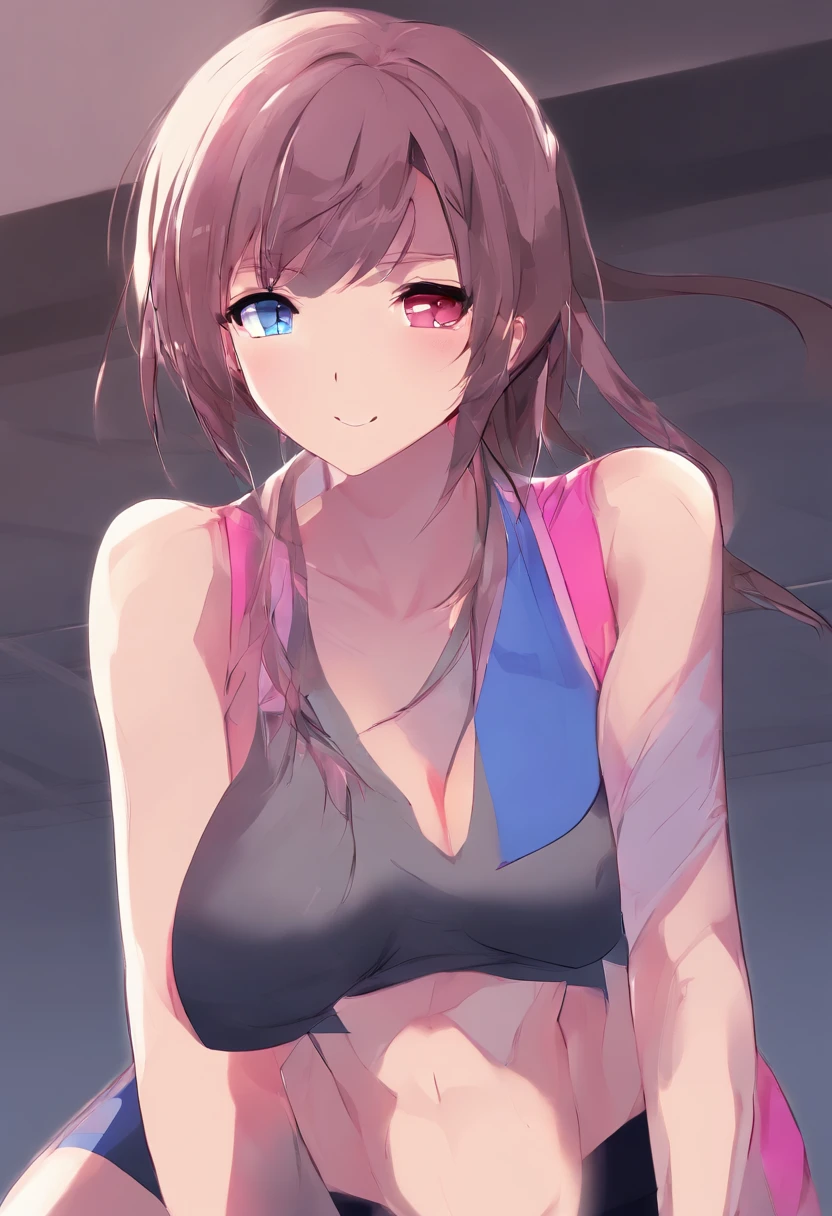 ((huge-breasted)), ((16 years old,)), ((Very small head)), Daylight, Sunlight, Bright light, (Perfect body : 1.1), (fullllbody), (short wavy hair:1.2, dark brown hair, Pink and blue mesh hair, Thin mesh), Full body shot, ((Tight workout wear), (Sweat), (Very detailed CG 8k wallpaper), (extremely delicate and beautiful), (masutepiece), (Best Quality:1.0), (超A high resolution:1.0), (realisitic), beautiful lightning ,Perfect Lightning, Realistic Shadows, [hight resolution], Detailed skin, Ultra-detailed, Slim body), (Beautiful hair, Wavy Hair, Real Hair, detailed hairs, High Ponytail), Fine Collarbone, Beautiful breasts, blush, Photorealistic, Realistic face, Beautiful face, Cute face, Realistic eyes, Small eyes, Cute smile, (((Colorful))), (eye liner), (mascara), (eye shadow), (At the gym), Looking back, bighip, (child-faced),
