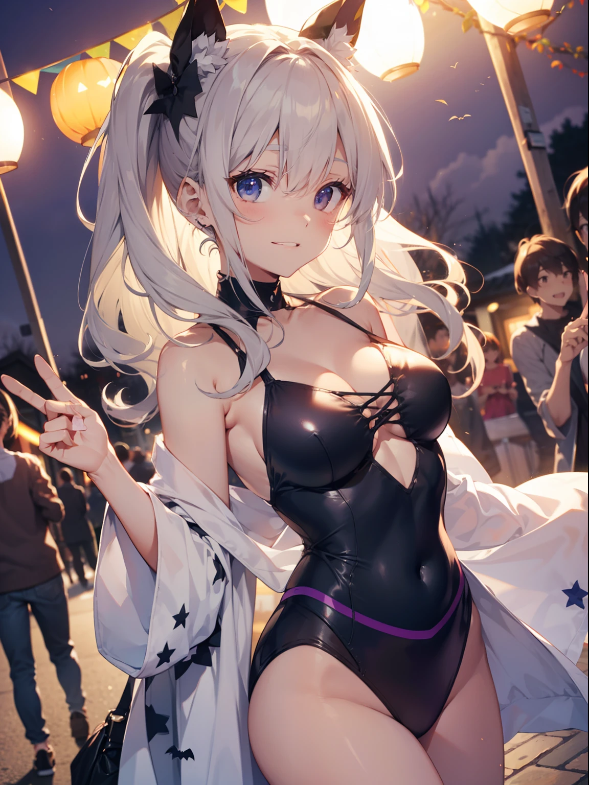high-level image quality、top-quality、Full limbs、complete fingers、Beautuful Women、1 persons、ssmile、embarassed expression、pony tail hair、swim wears、knee high、Halloween Party、Halloween Cosplay、cinematlic lighting