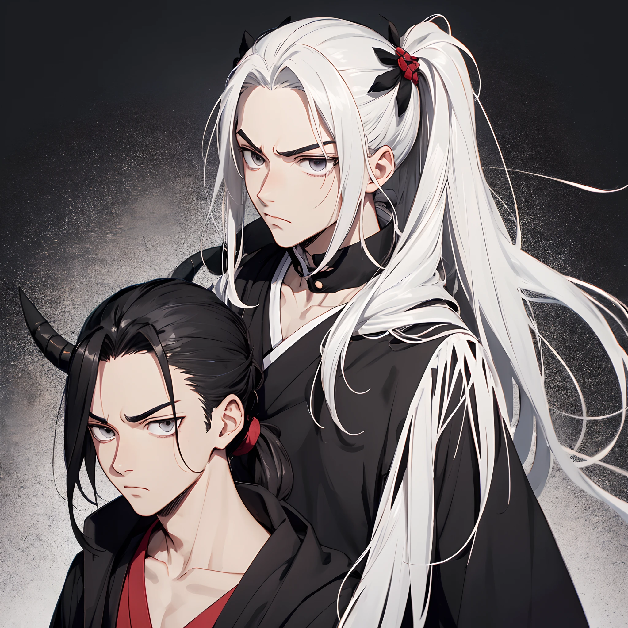 Um homem, cabelo curto na frente, long hair behind, cabelo preto com mechas loiras, zhongli, sem camisa, musculoso, alto, olhos laranjas, olhos normais, grande, qualidade, Chinese scenario, papel de parede, genshin impact