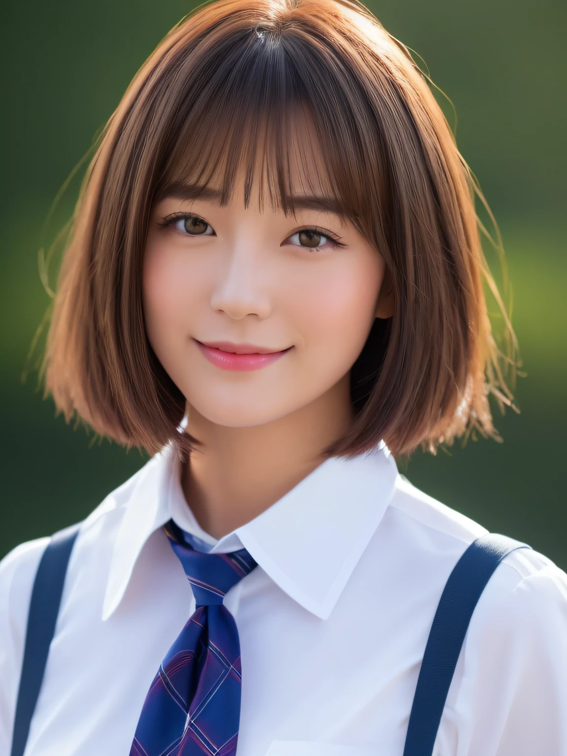 masterpiece、close up of face、front-facing view、a Japanese young pretty woman、(Bouncing cheerfully)、Gorgeous figure、Wearing a short-sleeved white collared shirt and a shiny red satin plain bow tie、Wearing a blue tartan plaid skirt、absolutely pretty face、shiny lip、Double eyelids in both eyes、Natural makeup、 long eyeslashes、shiny smooth light brown hair of medium length,、asymmetrical bangs、skin tanned、Alone in the classroom、、Headframe、image in center、8K分辨率、high detal、detailed hairstyle、A detailed face、spectacular movie lighting、octane renderings、with a vibrant、Ultra-realistic、Perfect limbs、perfect anatomia、short-hair、full body Esbian