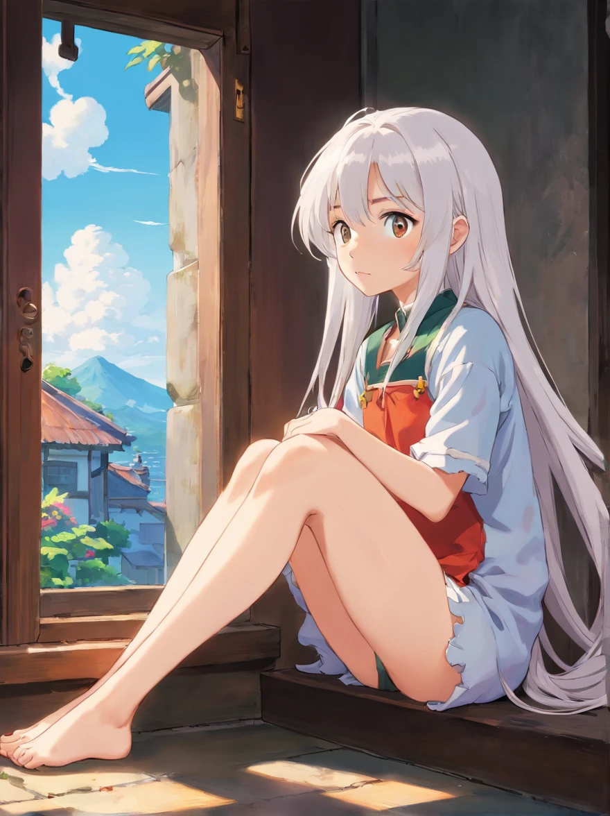 anime girl, 18 years, sits on the windowsill slightly turned to the side, Long white hair, Black Eyes, bare legs, small breasts, small piercings on the ears