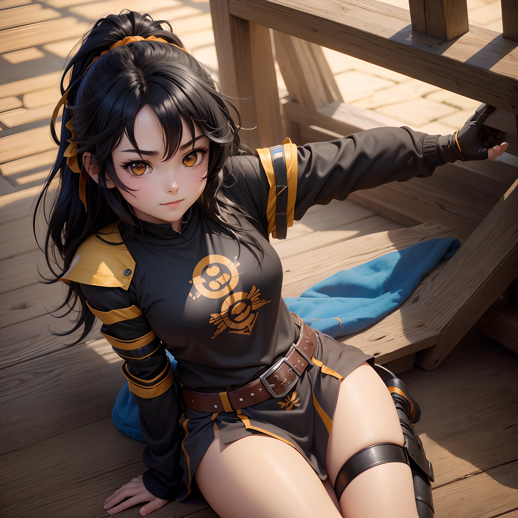 art by yaguru magiku, A teenage girl wearing a black knight armor, angry smile, in the style of Kyoto Animation in the 2010s, official art, ((((black hair)), eyes of Haruhi Suzumiya, face of Haruhi Suzumiya)), beautiful symmetric face, ponytail, at a medieval european castle on an autumn day, fantasy, alone, solo, 8k, posing of Haruhi Suzumiya