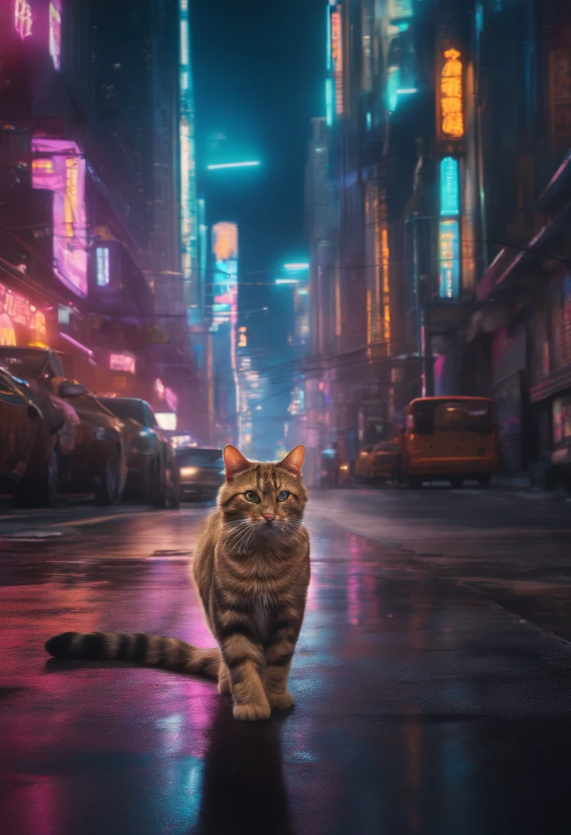 Deserted cyberpunk cityscape、A tabby cat crosses the road