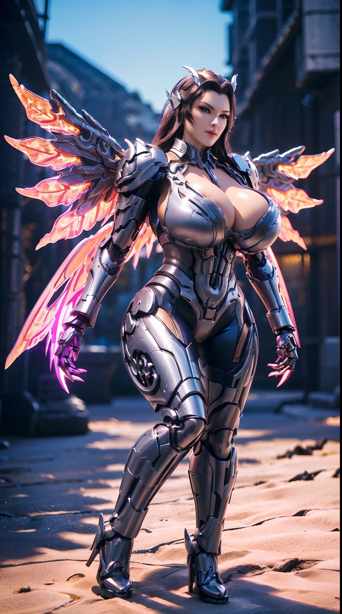 (DRAGON HEAD), HUGE FAKE BOOBS, (BEAUTIFUL FACE), (((A PAIR OF HUGE MECHANICAL WINGS SPREAD OUT))), FUTURISTIC PHOENIX MECHA SUIT, (CLEAVAGE), (SKINTIGHT YOGA PANTS), (HIGH HEELS), (PERFECT BODY:1.2), (FULL BODY VIEW), FRONT, (WALKING DOWN:1), SEXY BODY, MUSCLE ABS, UHD, 8K, 1080P.