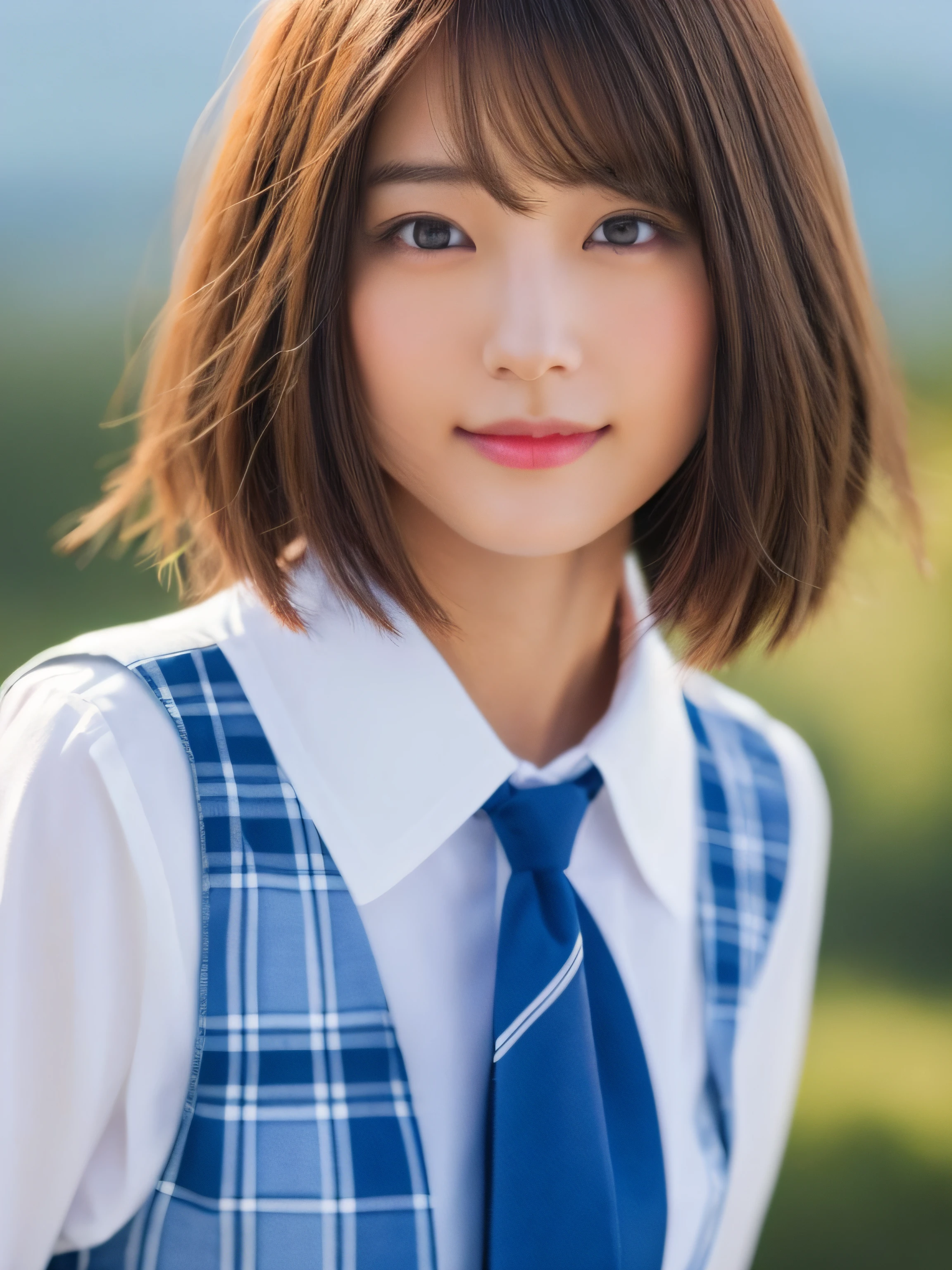 masterpiece、close up of face、front-facing view、a Japanese young pretty woman、(Bouncing cheerfully)、Gorgeous figure、Wearing a short-sleeved white collared shirt and a shiny red satin plain bow tie、Wearing a blue tartan plaid skirt、absolutely pretty face、shiny lip、Double eyelids in both eyes、Natural makeup、 long eyeslashes、shiny smooth light brown hair of medium length,、asymmetrical bangs、skin tanned、Alone in the classroom、、Headframe、image in center、8K分辨率、high detal、detailed hairstyle、A detailed face、spectacular movie lighting、octane renderings、with a vibrant、Ultra-realistic、Perfect limbs、perfect anatomia、short-hair、full body Esbian