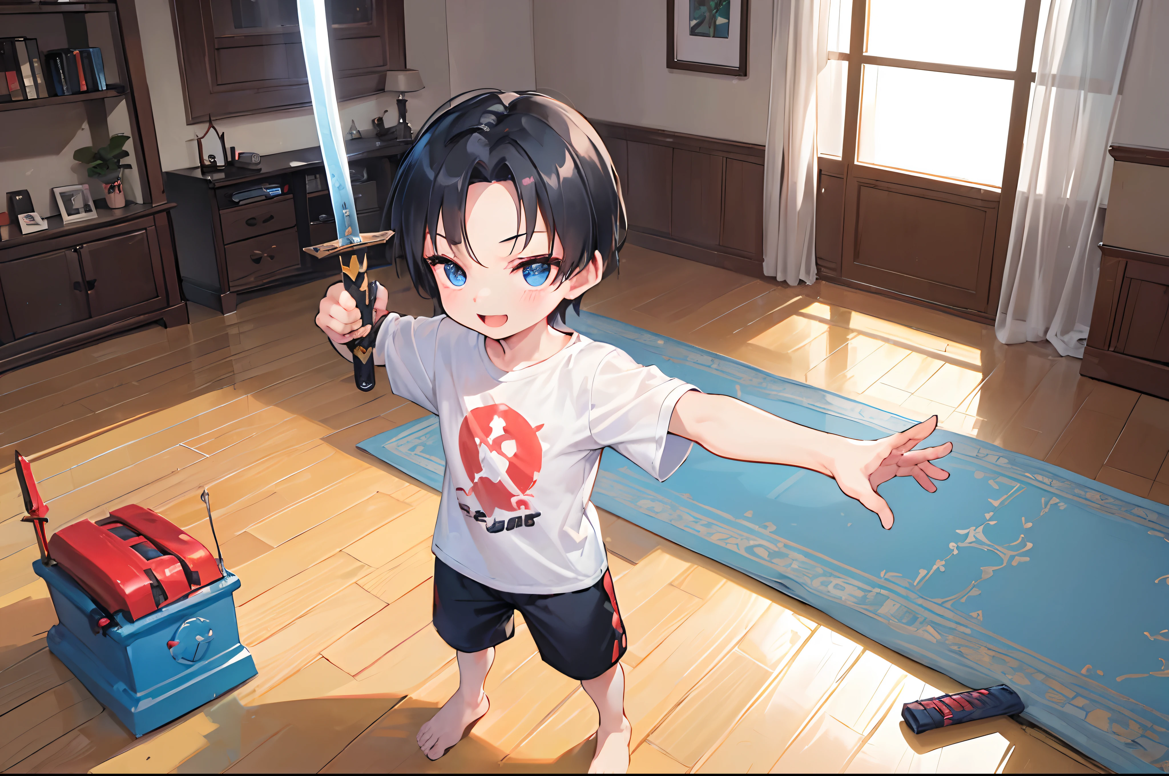 sfw.(:1.5). toy.fighting pose.barefoot.indoor.in the house.living room.(plastic sword toy:1.2).(plastic sword is bigger than the body).T-shirt with heroes.(forehead).bright and cheerful smile.from above