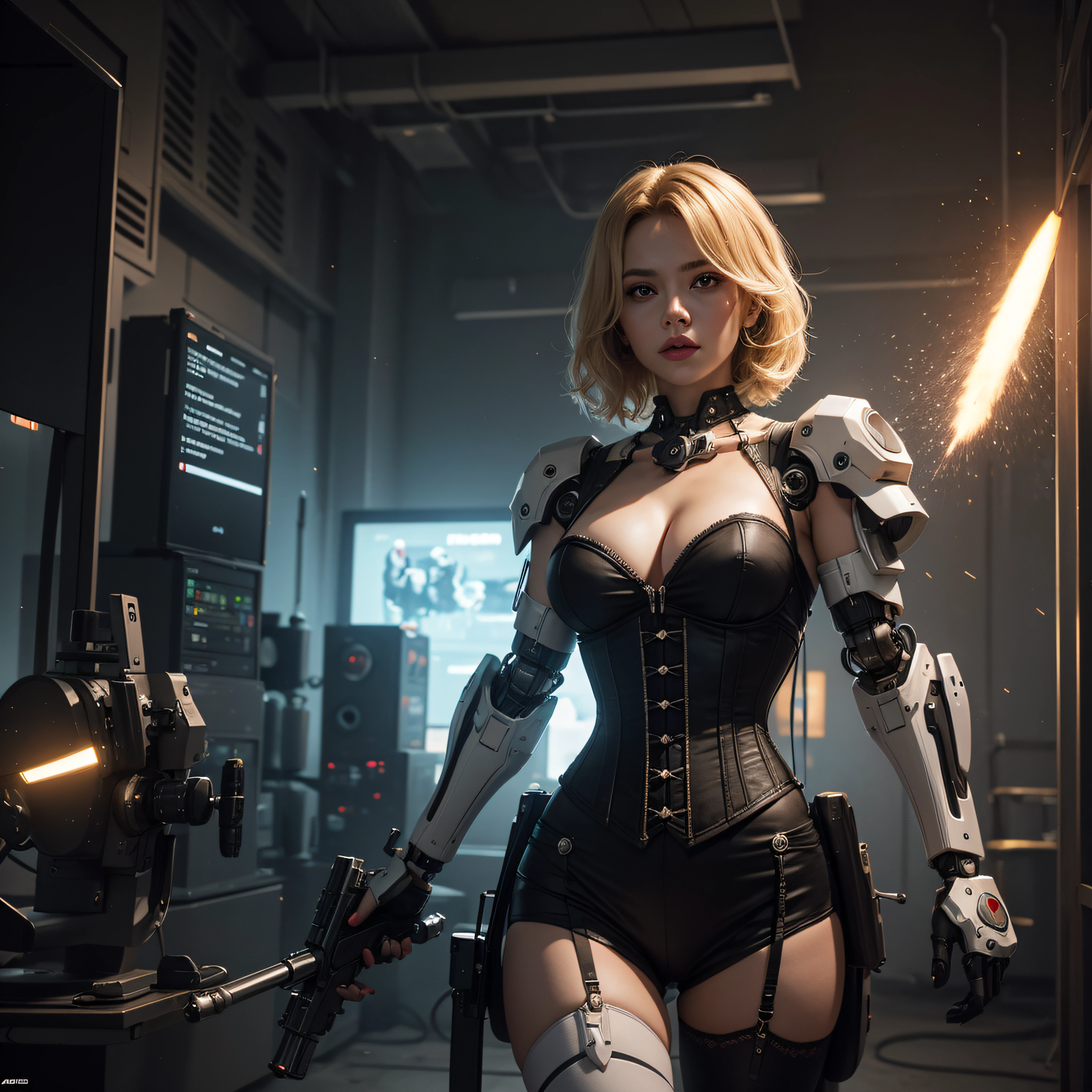 ((calidad superior)), ((obra maestra)), ((realista)), (Los detalles), (fotorrealista:1.5), Science-Fiction, HDR, Trazado de rayos, NVIDIA RTX, Los ultra-Highres, Irreal 5, Sub-Surface Scatterring, PBR texturizado, Post-procesamiento, Anisotropic filtering, Profundidad de campos, maximum sharpness and sharpness, Regla de los tercios、8K RAW、(Luminescent Particles:1.4)、(super-detailed CG、Unidad 8k Fondos de pantalla、lighting like a movie、destello de lente、foco nítido. Blonde girl with corset, Robotic Parts, Cannon fire, guerra urbana, Armas, pistola, Arte cyberpunk、arquitectura cyberpunk