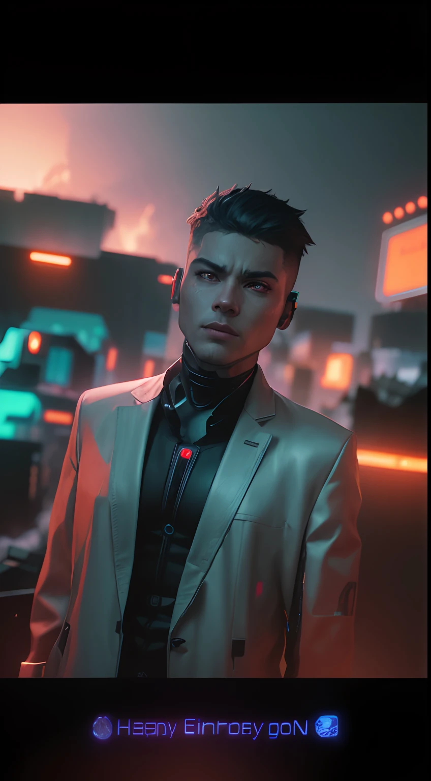 cyber punk, destroyed city, dystopian, moon, black and white neon lights, shadows, mist, fog, explosions, fire, orange lights , iron suit, cyborg, very High detailed, cinematic lighting, Cinematic, high detailed, ultra detailed, Accent Lighting, very god colors, realistic, 8k, HDR