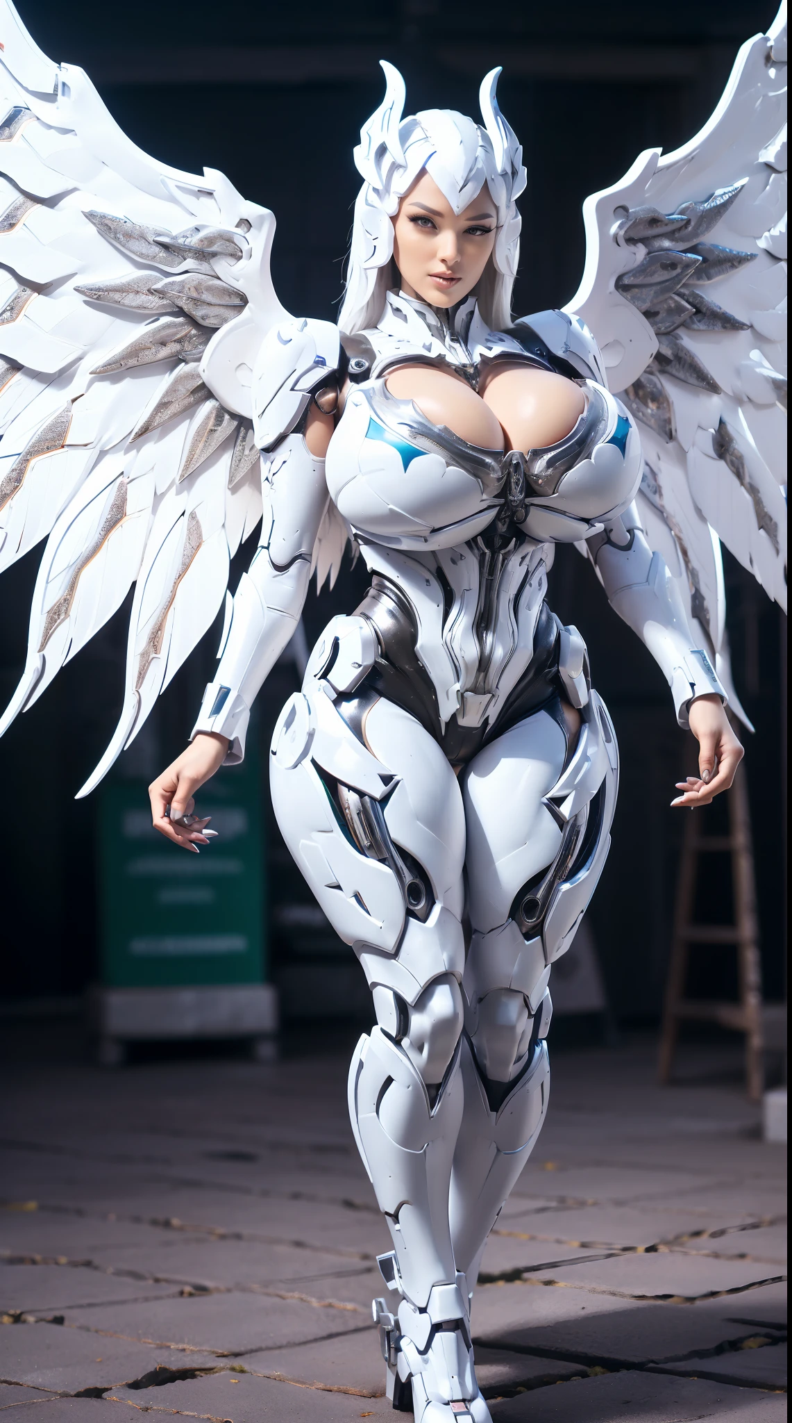 (DRAGON HEAD), HUGE FAKE BOOBS, (BEAUTIFUL FACE), (BLACK, WHITE), (((A PAIR OF HUGE MECHANICAL WINGS SPREAD OUT))), FUTURISTIC PHOENIX MECHA SUIT, (CLEAVAGE), (SKINTIGHT YOGA PANTS), (HIGH HEELS), (PERFECT BODY:1.2), (FULL BODY VIEW), FRONT, (WALKING DOWN:1), SEXY BODY, MUSCLE ABS, UHD, 8K, 1080P.
