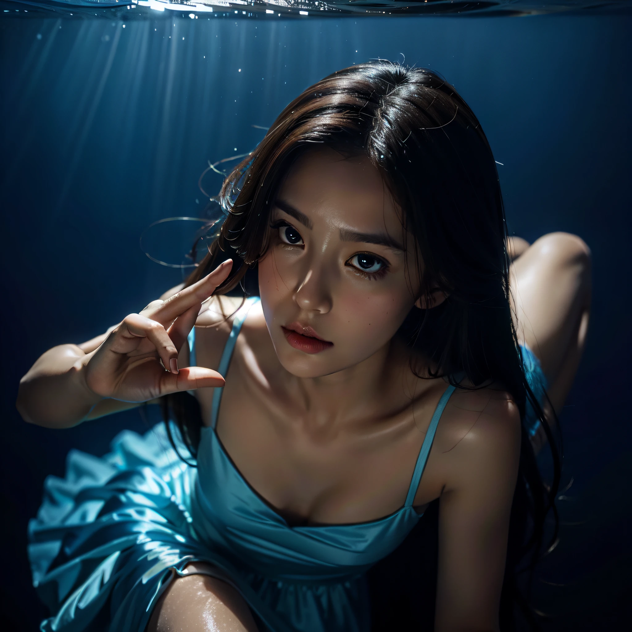 (RAW photo, Best quality), (Realistic, photo-realistic:1.2),High quality, 1girll,delicated face,Evening dress,Under water