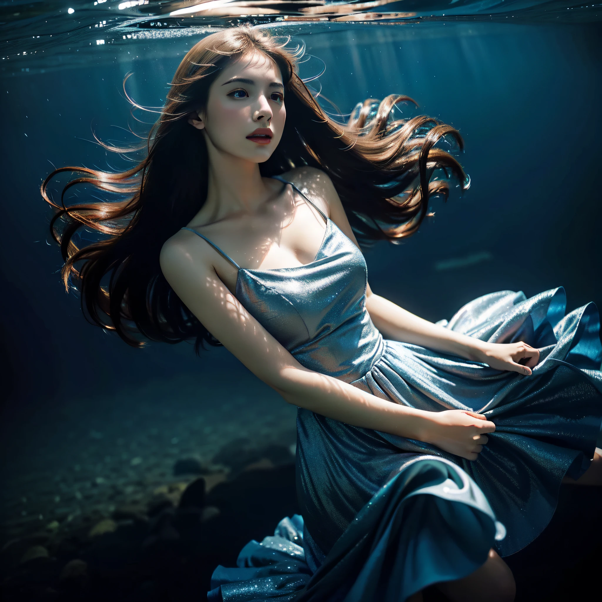 Best quality，masterpiece，16k,Artistic，Polar Coordinate Tunnel，A tunnel surrounded by sea waves，Special effect，Inception，Fantasy，1girl，Dynamic poses，Looking at the camera，