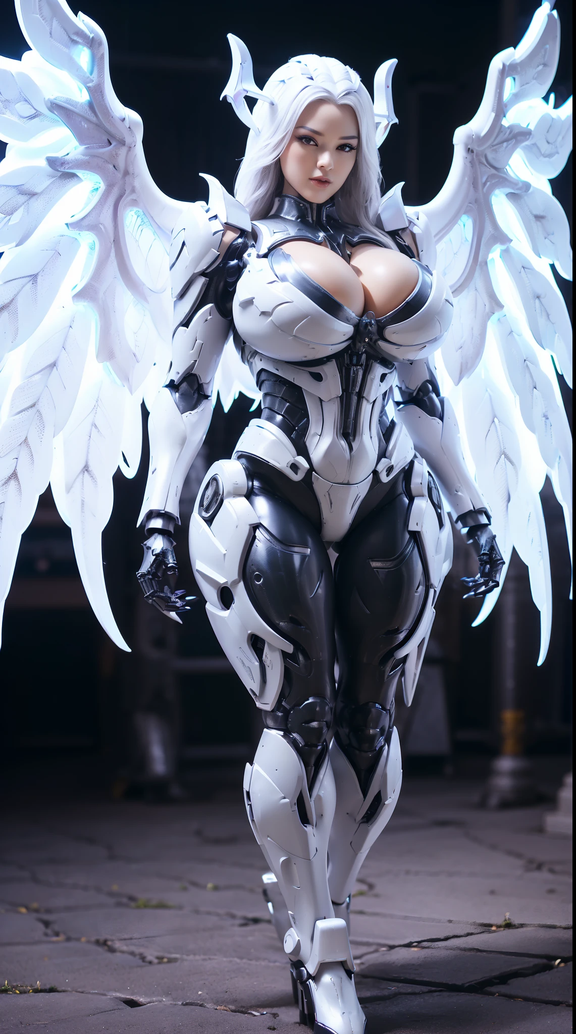 (DRAGON HEAD), HUGE FAKE BOOBS, (BEAUTIFUL FACE), (BLACK, WHITE), (((A PAIR OF HUGE MECHANICAL WINGS SPREAD OUT))), FUTURISTIC PHOENIX MECHA SUIT, (CLEAVAGE), (SKINTIGHT YOGA PANTS), (HIGH HEELS), (PERFECT BODY:1.2), (FULL BODY VIEW), FRONT, (WALKING DOWN:1), SEXY BODY, MUSCLE ABS, UHD, 8K, 1080P.