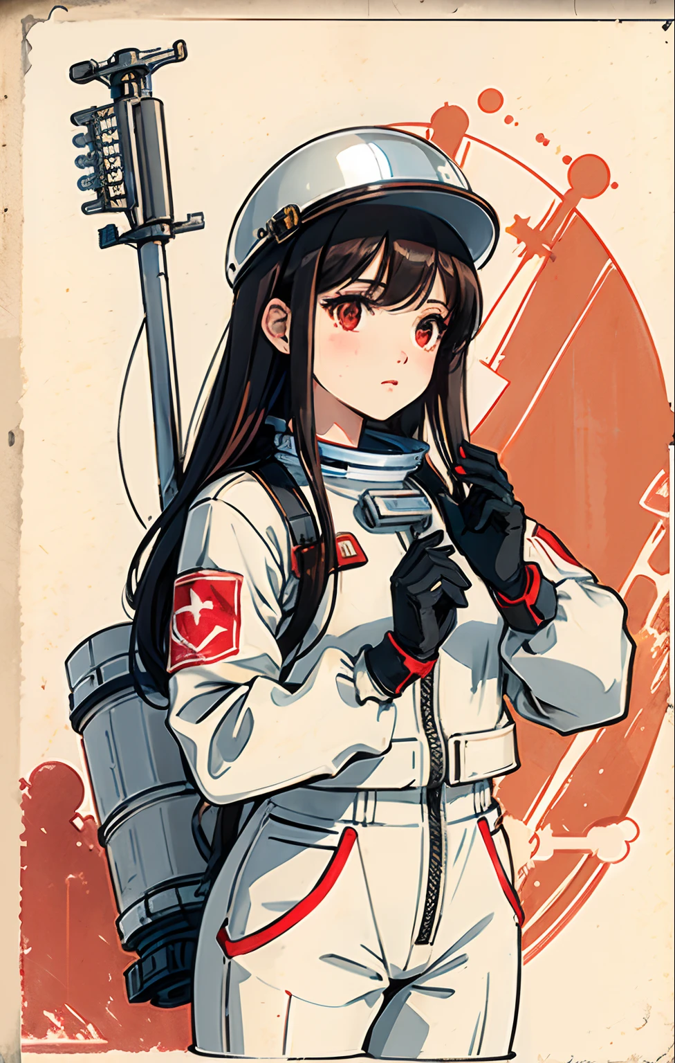 1girl,flat_breasts,cute,beautiful detailed eyes,shiny hair,visible through hair,hairs between eyes, CCCPposter, sovietposter,red monochrome,soviet poster, soviet,communism,
Black_hair,red_eyes,vampire,teenage,poorbreast,Spacesuit:Orange_clothing_body:jumpsuit),white_gloves, white_space shoes, white_helmet, the CCCP red letters on the top of helmet, weightlessness, Side light, reflection, The person in the spacesuit is at the bottom left of the frame, The right hand is outstretched, the right hand gently touches the Salyut space station), Space station in the upper right corner of the screen, Reflected light from the sun, Silver metal,red flag, brilliance,USSR style, diffuse reflection, Metallic texture, The vista is a blue Earth,mecha style,the sea of star,high tone, magnificent