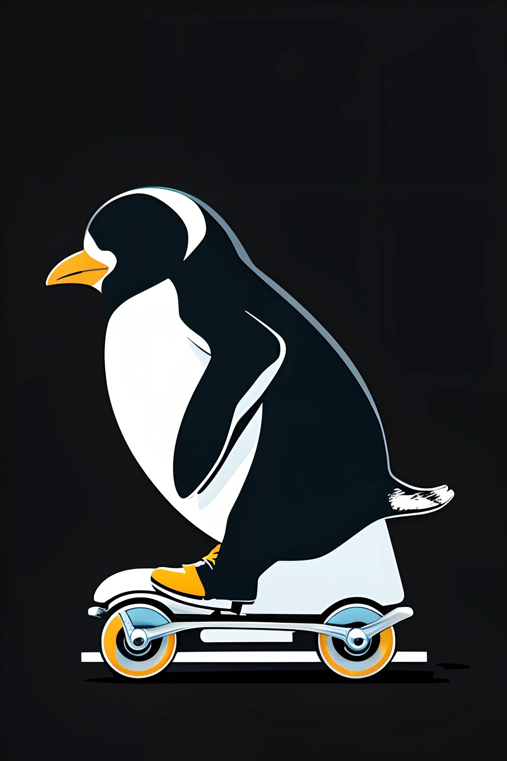 Imagine Prompt、Cute penguin illustration isolated on black background、pop-art、Bold outline style、roller skates