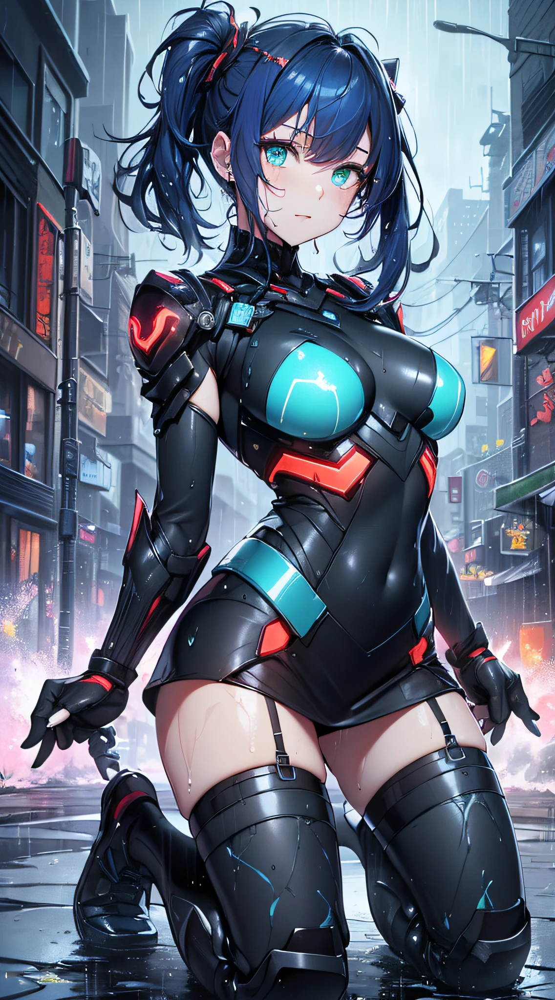 top-quality、Top image quality、masterpiece、Android Girl((,Body full of scars、Broken cybersuit glowing black, red and white、Blue energy source for the chest,Best Bust、Bust 90、Light blue shiny hair、Longhaire,Cyber Skirt、Blue-green eyes、open chest wide、Valley、Happiness、A slender、the whole body is wet、Fall to the floor、Kneeling))hiquality、Beautiful Art、Background with((Magical Night City、Very heavy rain))、masutepiece、Elaborate design、visualart、Theatrical films