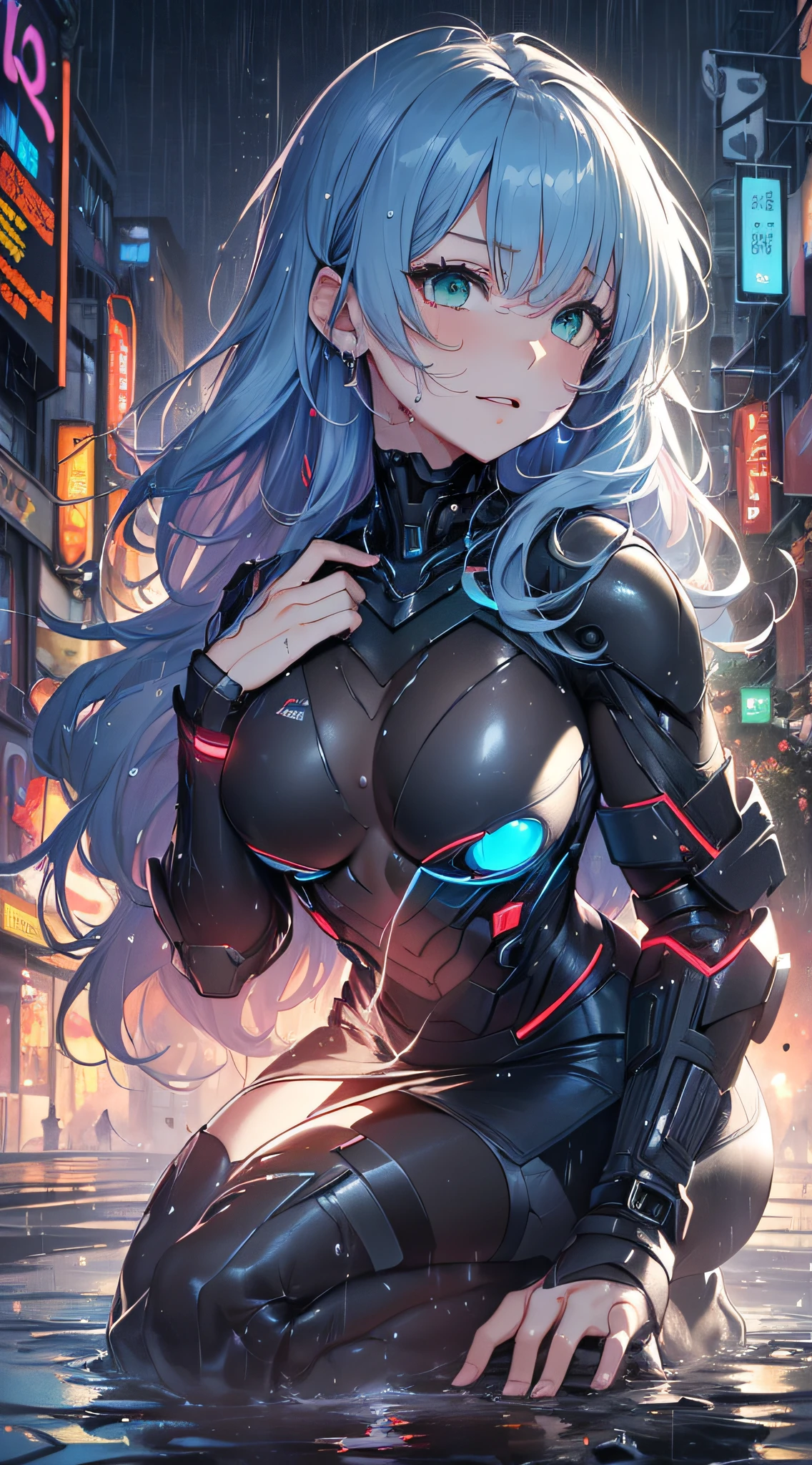 top-quality、Top image quality、masterpiece、Android Girl((,Body full of scars、Broken cybersuit glowing black, red and white、Blue energy source for the chest,Best Bust、Bust 90、Light blue shiny hair、Longhaire,Cyber Skirt、Blue-green eyes、open chest wide、Valley、Happiness、A slender、the whole body is wet、Fall to the floor、Kneeling))hiquality、Beautiful Art、Background with((Magical Night City、Very heavy rain))、masutepiece、Elaborate design、visualart、Theatrical films