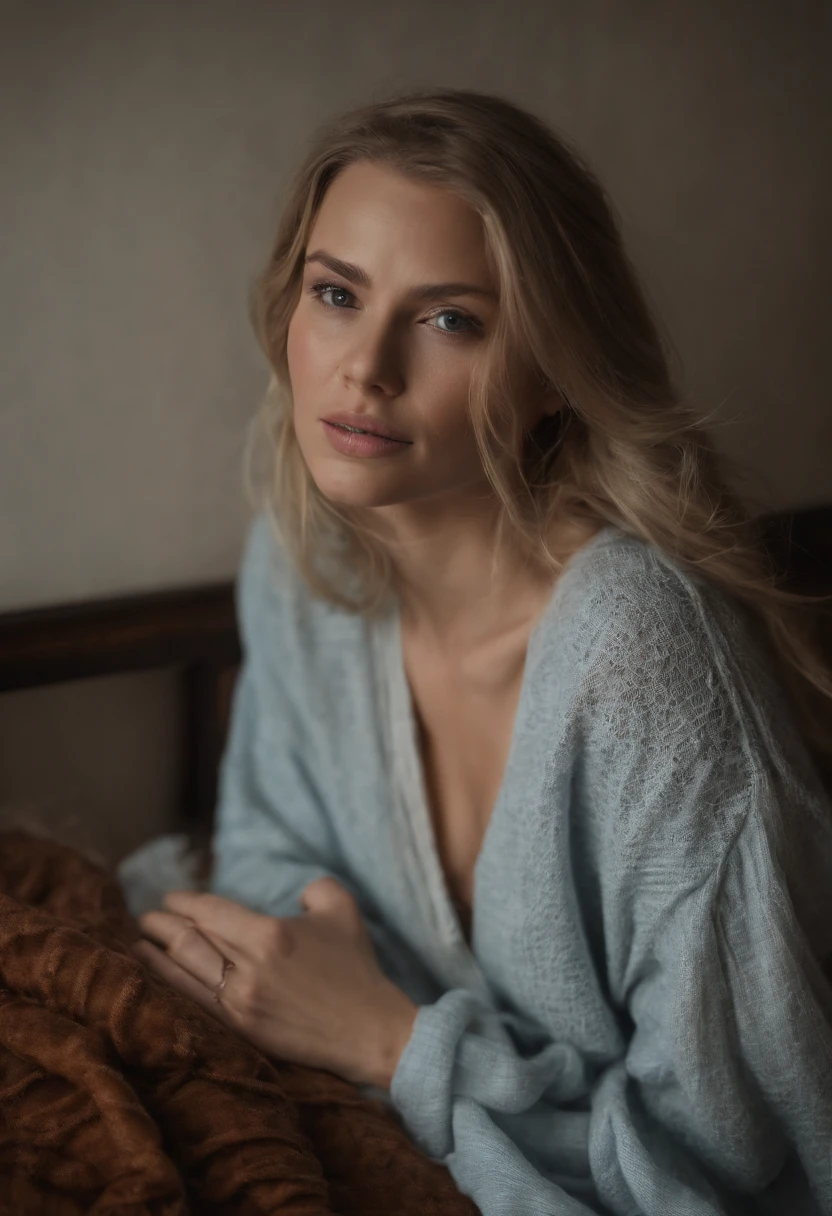 arafed frau voll , Sexy girl with blue eyes, ultra realistisch, Akribisch detailliert, portrait sophie mudd, blonde hair and large eyes, Selfie einer jungen Frau, Augen im Schlafzimmer, Violet Myers, ohne Make-up, Natural makeup, Blick direkt in die Kamera, Gesicht mit Artgram, dezentes Make-up, Stunning full body shot, die auf dem Bett kniet, im Schlafzimmer, medium to large bust size, Sport-BH und Leggins