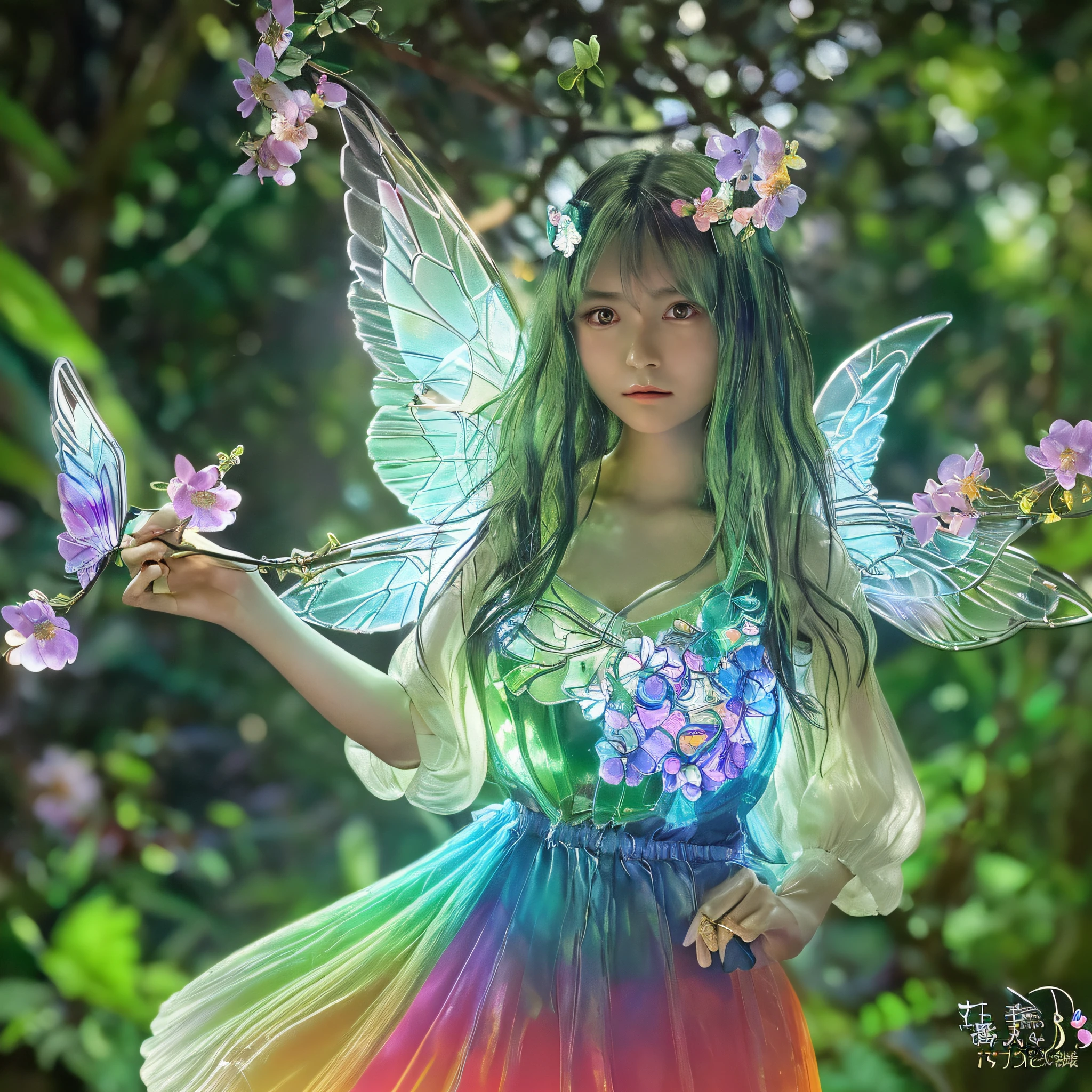 Gradient Eyes, the woods，Night Moon，Mini cute 3 year old flower fairy, A slender、Ring，Skirt made of petals，Huge flowers，Colorful colorful，Transparent and colorful wings, magic wands，closeup cleavage，Optical attenuation，glow effect，depth of fields，Highlight，Real Light，Ray traching，OC rendering，Hyper-realistic，best qualtiy，8K，Works of masters，super-fine，Detailed pubic hair，Correct anatomy，sharp focus on eyes，Bokeh，Facial features are carefully drawn，in style of hayao miyazaki，Miyazaki Animation Style