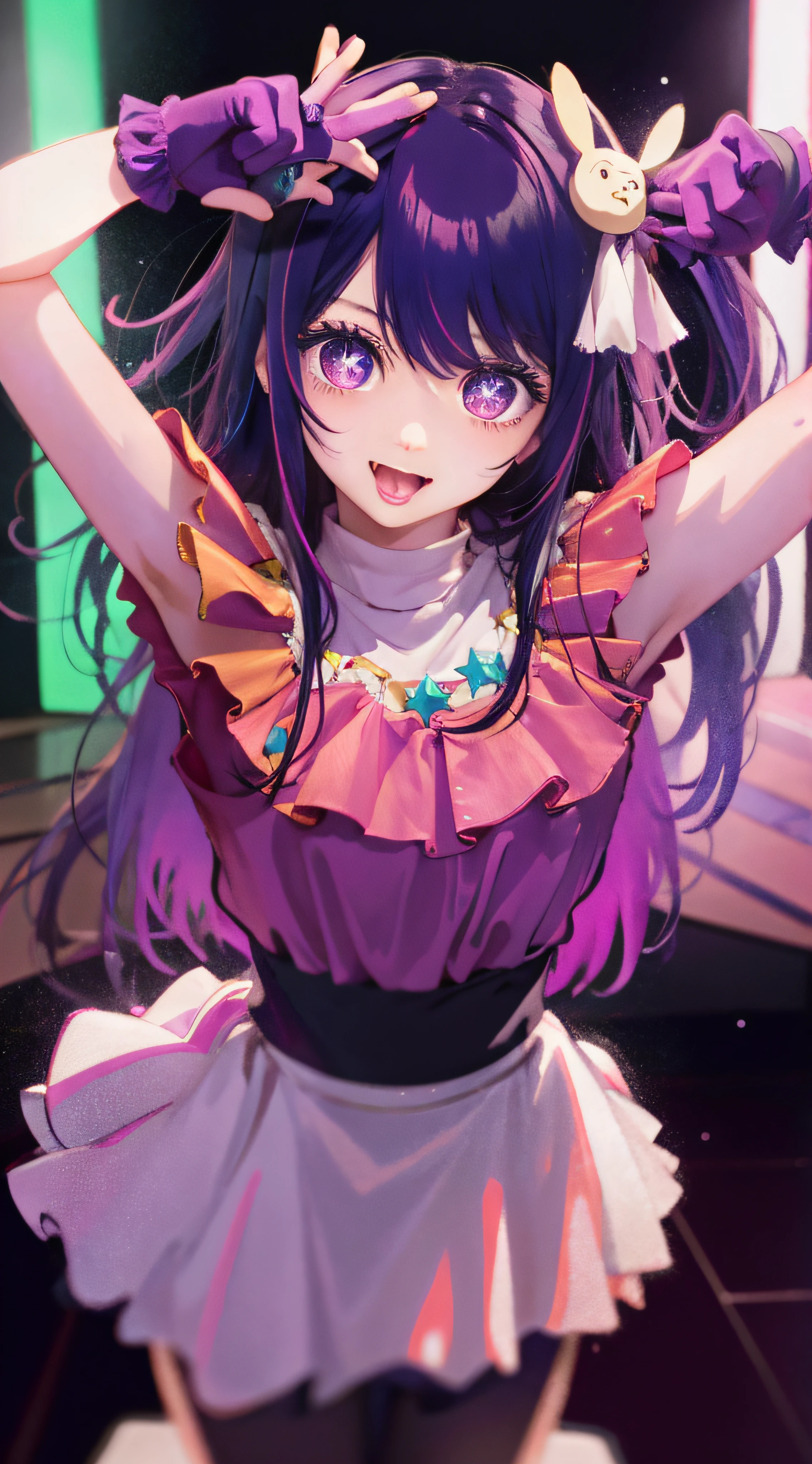 RAW image quality、8K分辨率、Ultra-high-definition CG images、HshinoAi、gloves、tongue-out、tongue、The long-haired、stele\(Symbols\)、Look at viewers、(purple color hair:1.2)、a purple eye、The upper part of the body、hair adornments、frilld、PINK SHIRT、A smile、Sleeveless、The shirt、Idol、Symbol-shaped pupil、raise two hands、bangss、One side up、Star-shaped pupil、with arms up、dress pull、Roaring 20s、Isoscale、cliff、1girl in、(Rembrandt)、illustratio、(top-quality)、(Ultras_Detailed)、finely detail、(depth of fields)、 piece sign、top-quality、hight resolution。Dynamic, shout out, the kiss, hustle, Striking eyes, I'm confident lol, Overhead view, hight resolution, Profoto, stage, The Flash, 1girl in, 独奏, Japan cartoon idol singer, The upper part of the body, Standing microphone, selfy