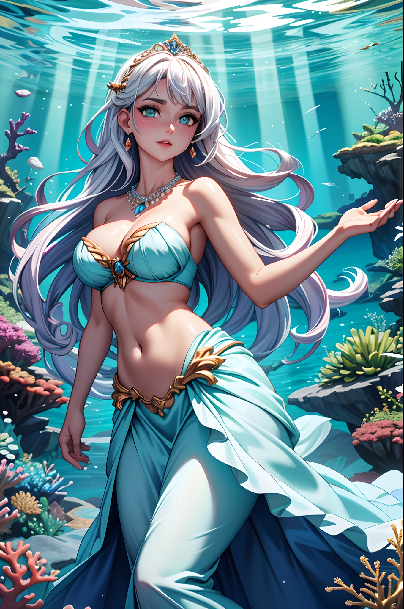 master part, 8k, ultra-high resolution, photo-realistic:1.3), deus do mar poseidon deslumbrante, (flowing white hair:1.2), (olhos de safira penetrantes:1.2), Nadar graciosamente, underwater kingdom, (recife de coral luminoso:1.1), criaturas marinhas vibrantes, (Bright Jellyfish:1.1), (majestosas tartarugas marinhas:1.1), (Exotic fish with rainbow scales:1.1), (Sunlight filtering through the ocean surface:1.2), criando raios hipnotizantes, (Sparkling water droplets:1.1), Dynamic angle, side view, (intrincada tiara de conchas:1.1), (elaborate pearl necklace:1.1), (Ethereal blue and red algae:1.2), (Sony Alpha 1 camera, ideal for underwater photography:1.2), (emparelhado com um Sony FE 16-35mm f/2.8 lentes GM:1.2), (Capturing every detail of the god with precision:1.1), (highlighting the enchanting underwater world:1.1), (illuminating the luminous eyes and captivating features of the mermaid:1.1), (the image radiating a sense of mystical beauty and tranquility:1.1). Motor Unreal 5, max quality, Max Resolution, ultra-realistic, ultra-detalhado, Maximum sharpness, ((ruiva)), perfeito_perna, perfeito_Hands, GoodHands-beta2,Detalhador Furtástico