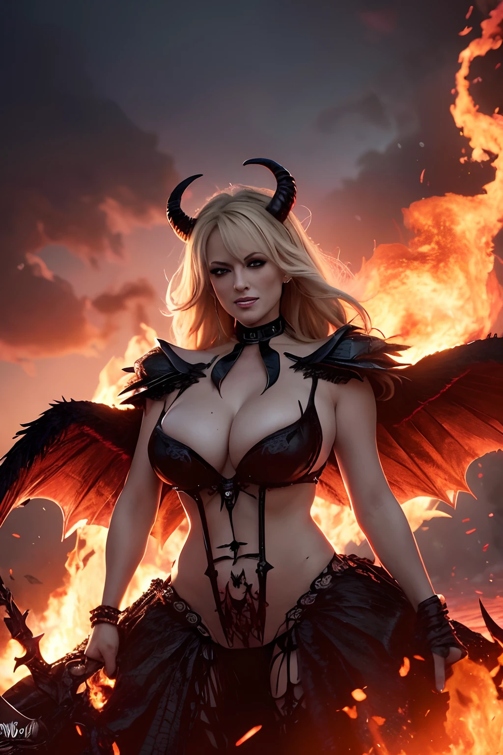 Ultra-detailed Stormy Daniels stands atop a pile of burning ruins, Her diabolical and insidious presence radiating from her dark crown and black and red evil queen dress....................................................... Her demon wings on her back and demon horn give her an invincible aura as she unleashes a powerful wave of destruction with a single gesture............................................................................................................