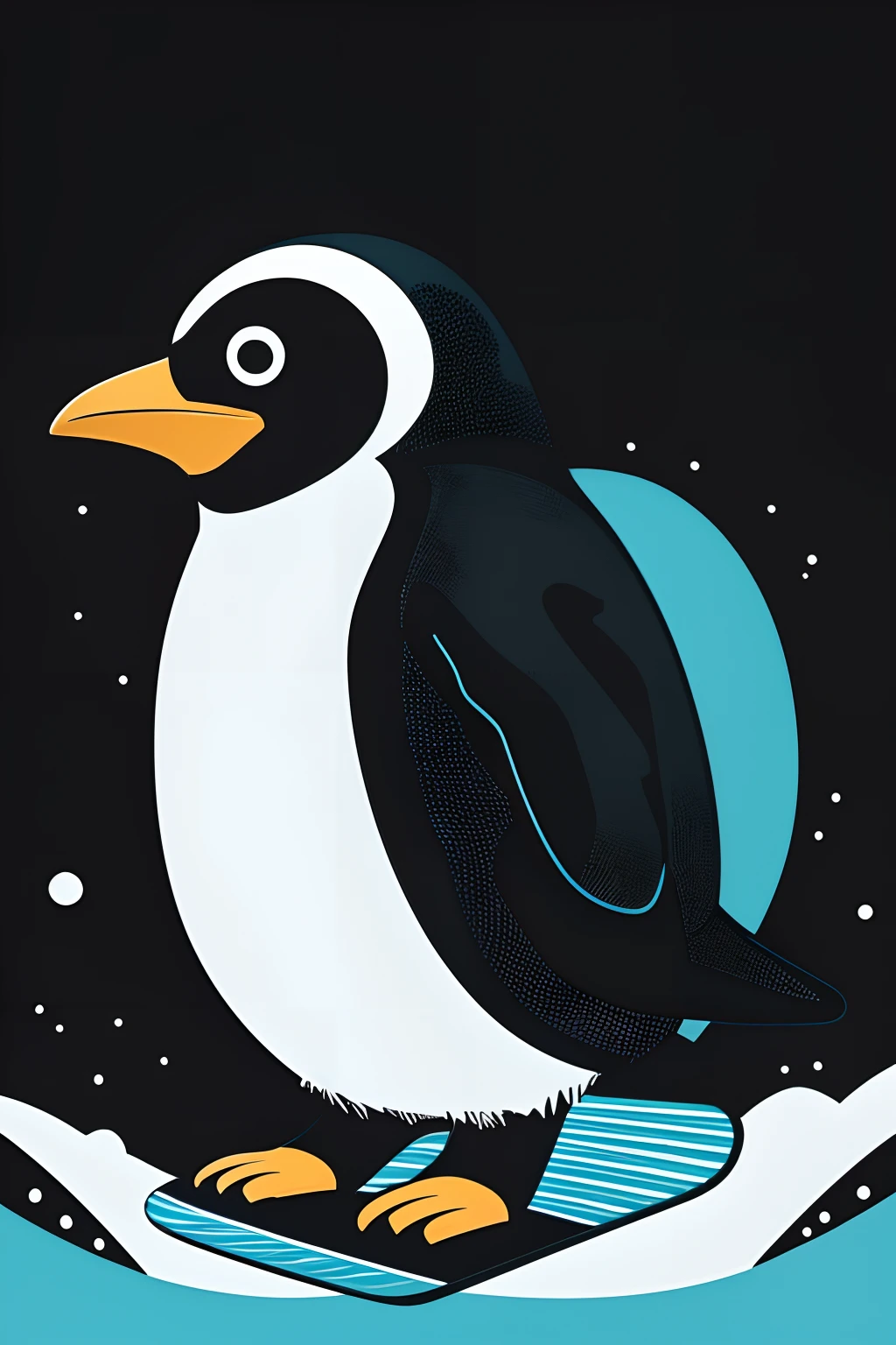 Imagine Prompt、Cute penguin illustration isolated on black background、pop-art、Bold outline style、Doing snowboarding