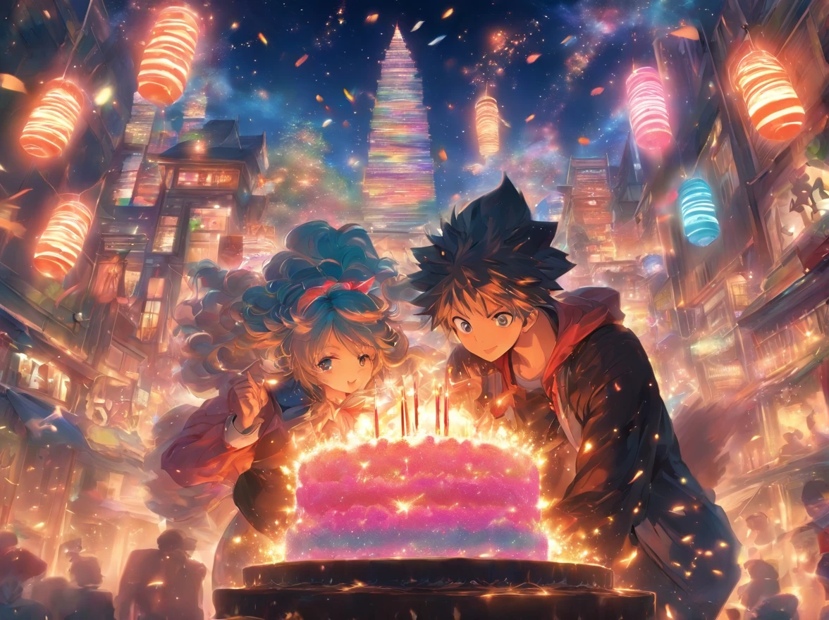 The birthday cake,Wish,the night,warm,lamplight,Fireworks on both sides