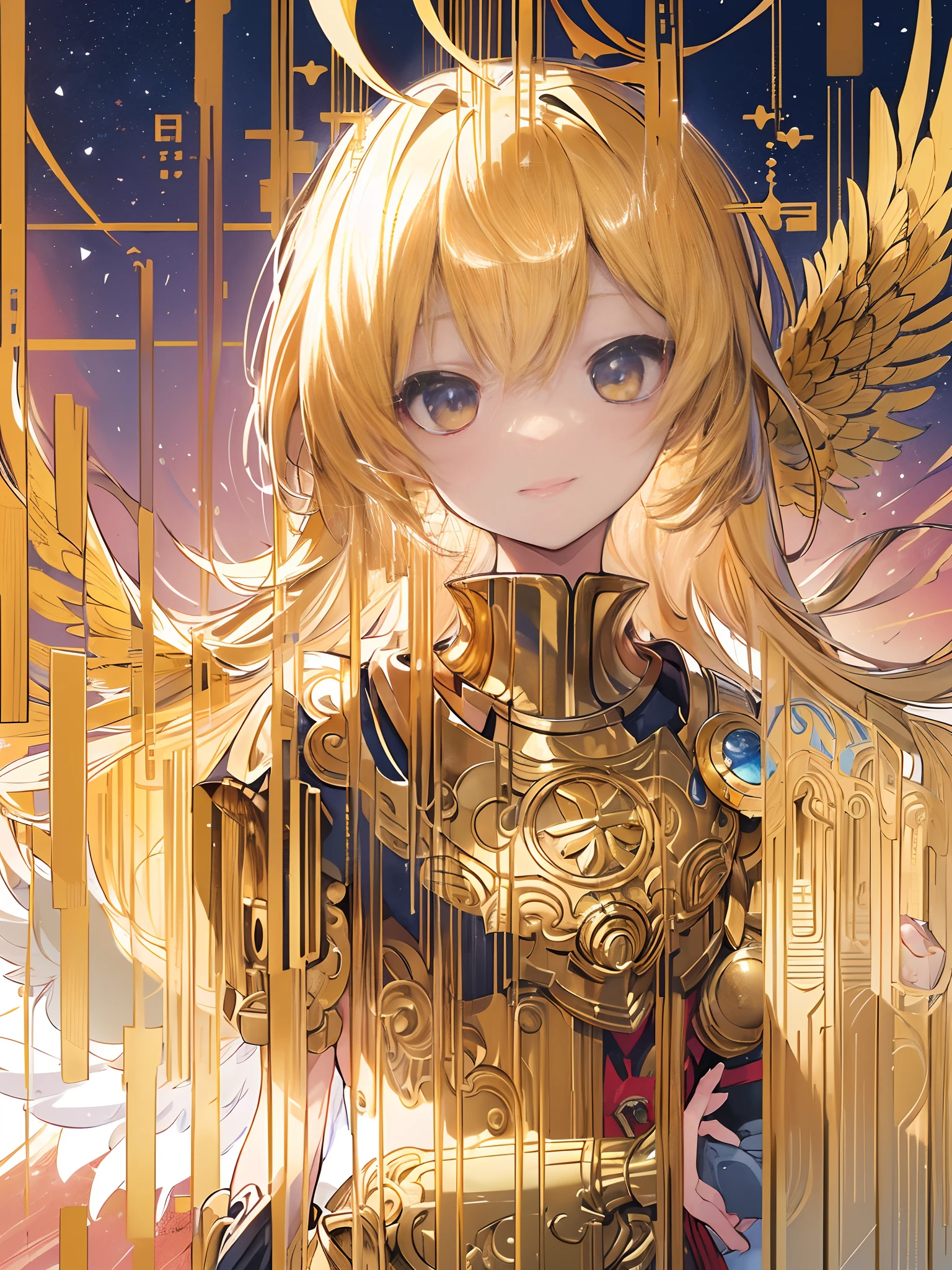 (masutepiece:1.5, Intricate details:1.3), (Best Quality, Ultra-detailed:1.3), (big golden wings), ((masutepiece)), ((Best Quality)), (Ultra-detailed), ((Extremely detailed)), 4K, ((8K)), ((Best Quality)), (Beautiful), (Illustration), Painting, Dynamic Angle, look down from above, (Beautiful sky), evening, Golden Sun Shower, She shines, s, 1girl in, (((Golden breastplate))), (flat chest), Cute, solo0, ((beautiful gold hair)), beautiful gold eyes, ((Beautiful eyes)), White-skinned, Long hair, lightsmile, (Wind-effect), shiny, (Flying),Bakemonogatari, Upper body,