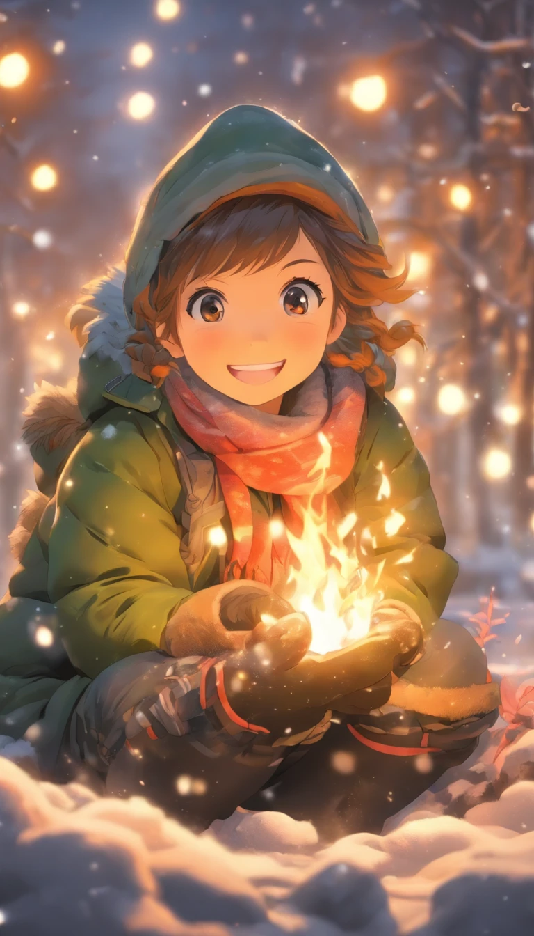 A little girl in a down jacket camps by the river,Winter is snowy,The girl drilled wood for the fire,A small fire,Little girl grilling fish over a small fire,wearing gloves,Wear a scarf,The little girl smiled happily,Children's illustration style,Full body like,Department of Healing