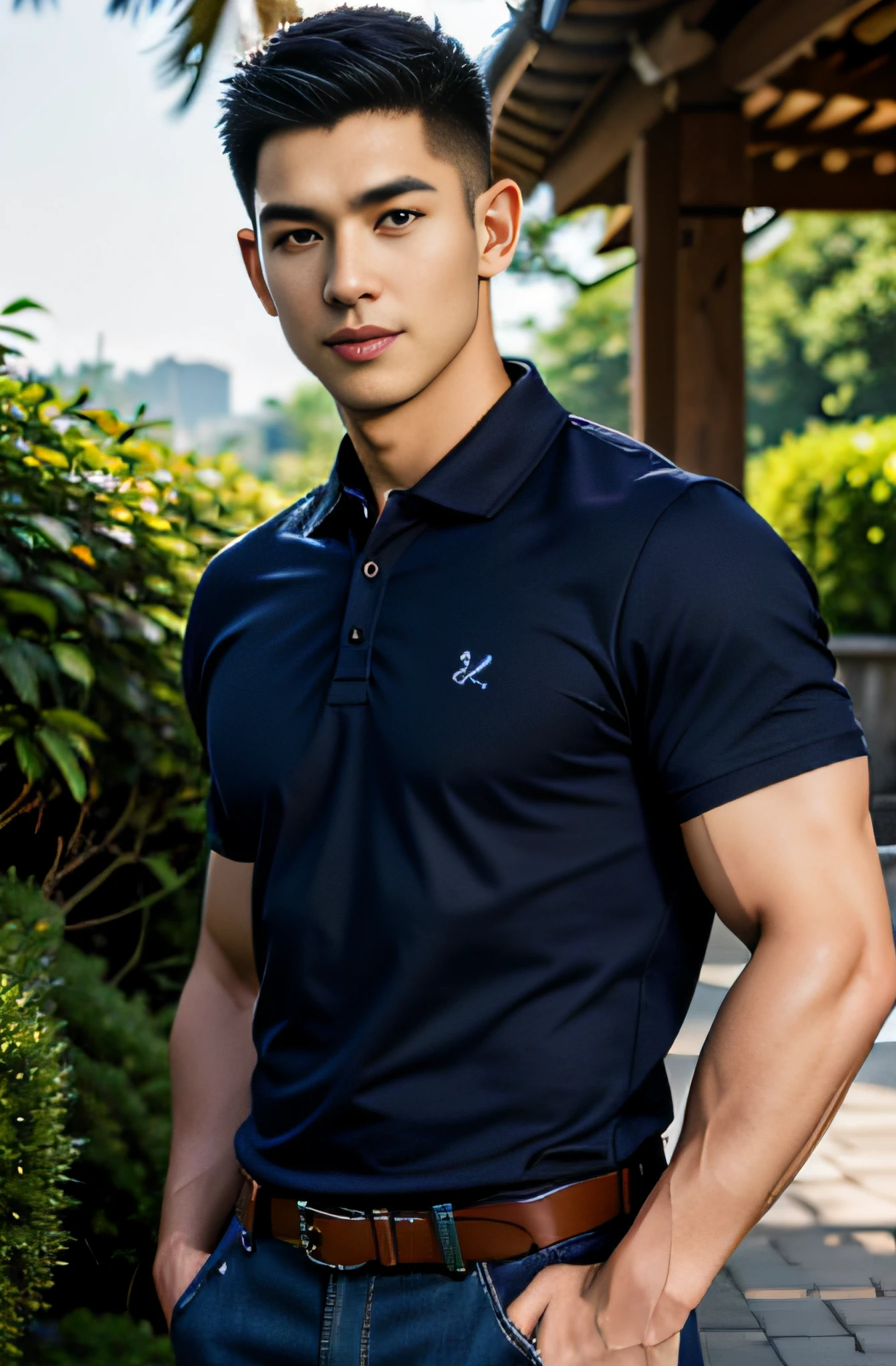 (masterpiece: 1.2),(CGI Art:1.3),(Realistic:1.5),(Post Processing:1.3),(crisp focus:1.3),10,1 man, smile, (Wear a navy polo shirt, jeans.) , Short Hair Hair, korea ,Torn body, facial hair, Indonesian, (High shadow detail),Pectoral muscles, Big arm muscles, blood vessel, Big muscles, Wide shoulders, athlete, football, Garden