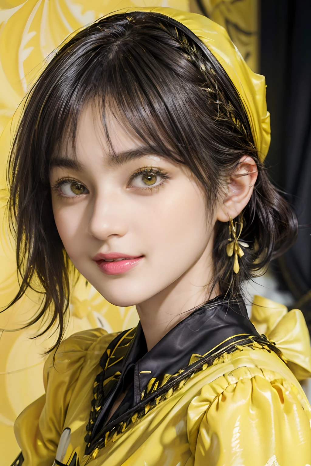 (trickart), (trompe l'oeil), Wonder Painting, Mauritz & Ye, Shah, (Maurits Escher), (Black Shorthair:1.3), (a 20 yo woman), (A hyper-realistic), (Masterpiece), (8KUHD), Beautiful woman, a smile, (Wearing yellow clothes:1.5)