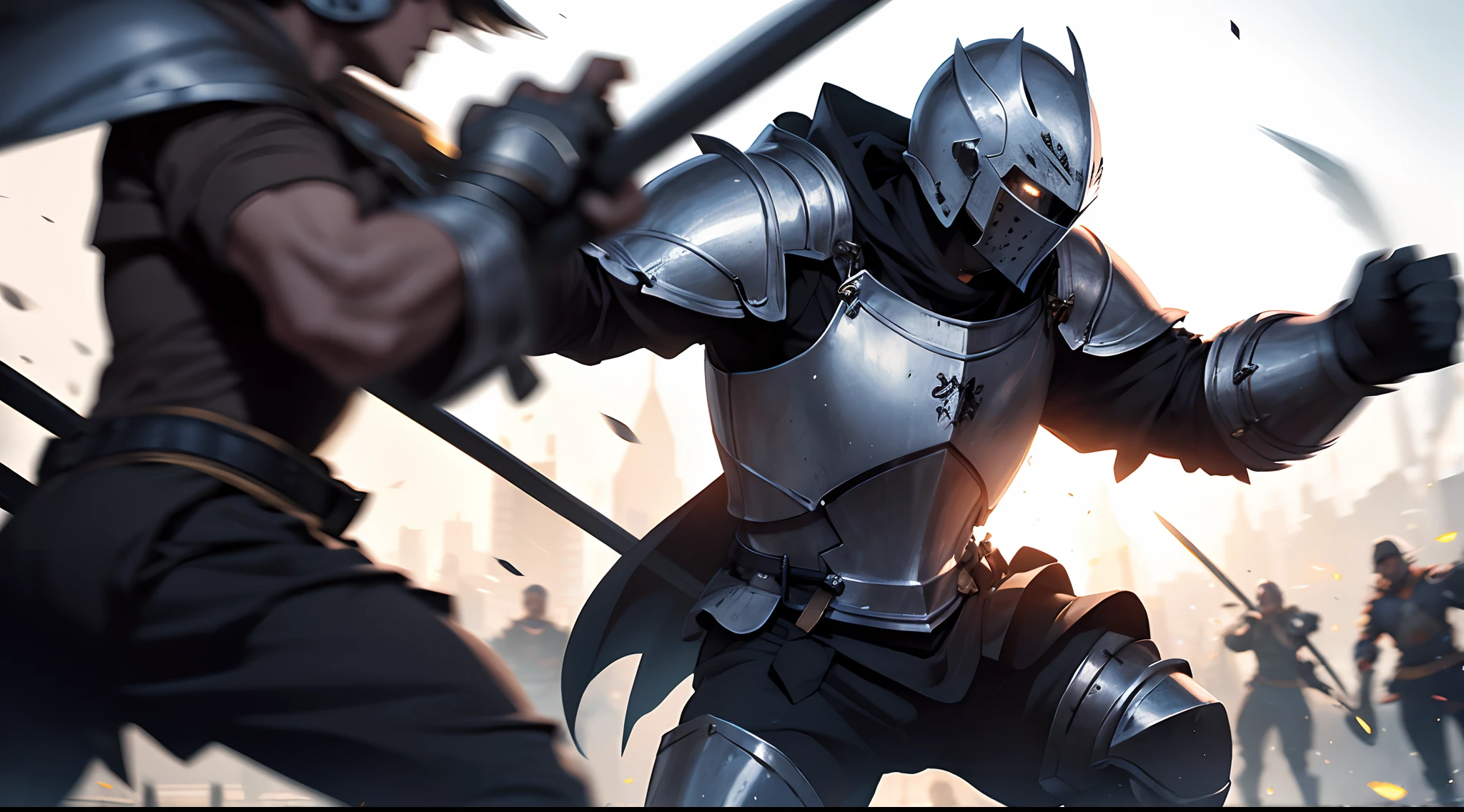 Knight swinging his Zweihander ferociously. Explosions in the background, blurred background, bokeh