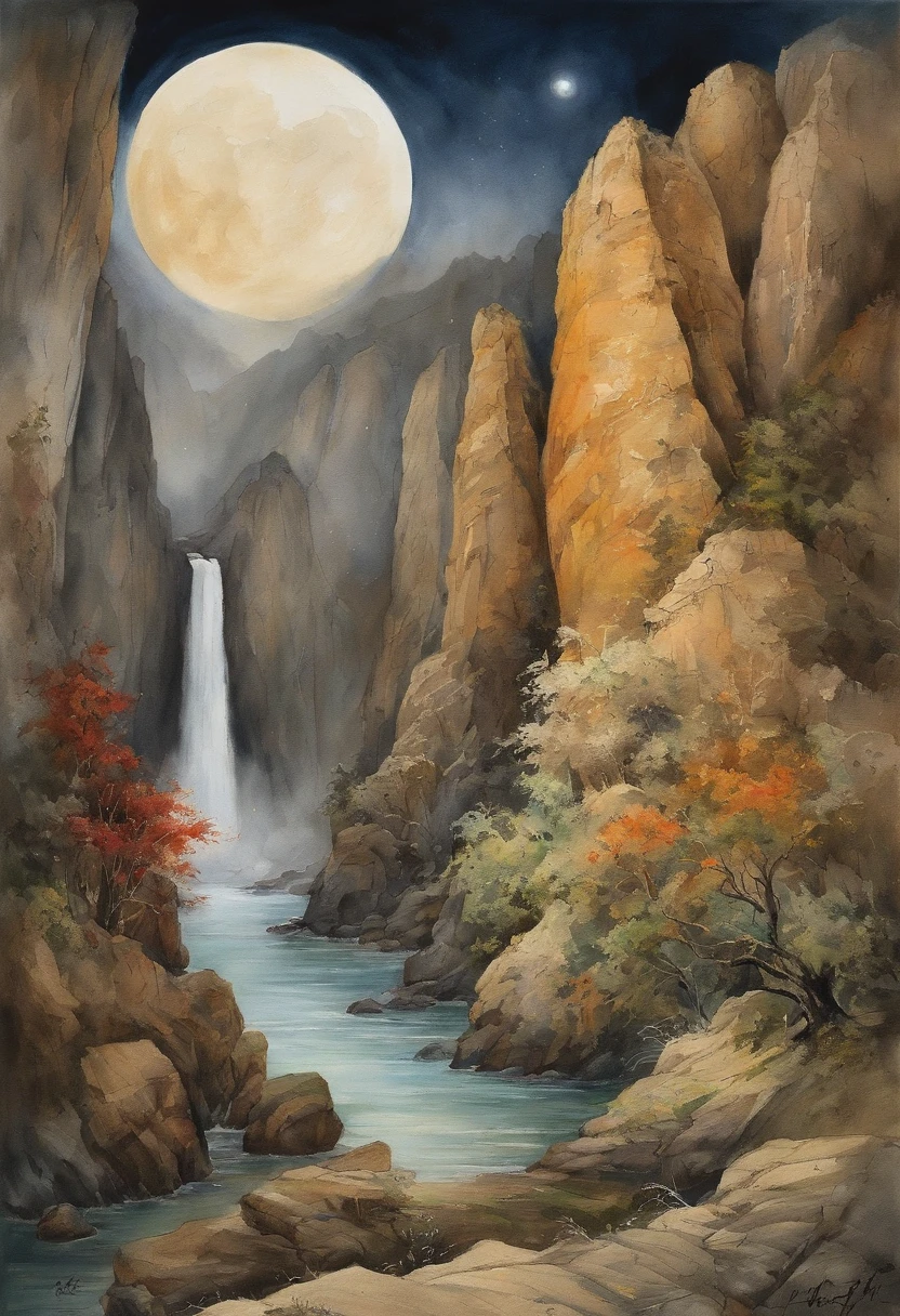 （Tang Feng），（A cliff illuminated by a huge moon），Ultra-long-range viewing angle，No Man，scenecy，the detail