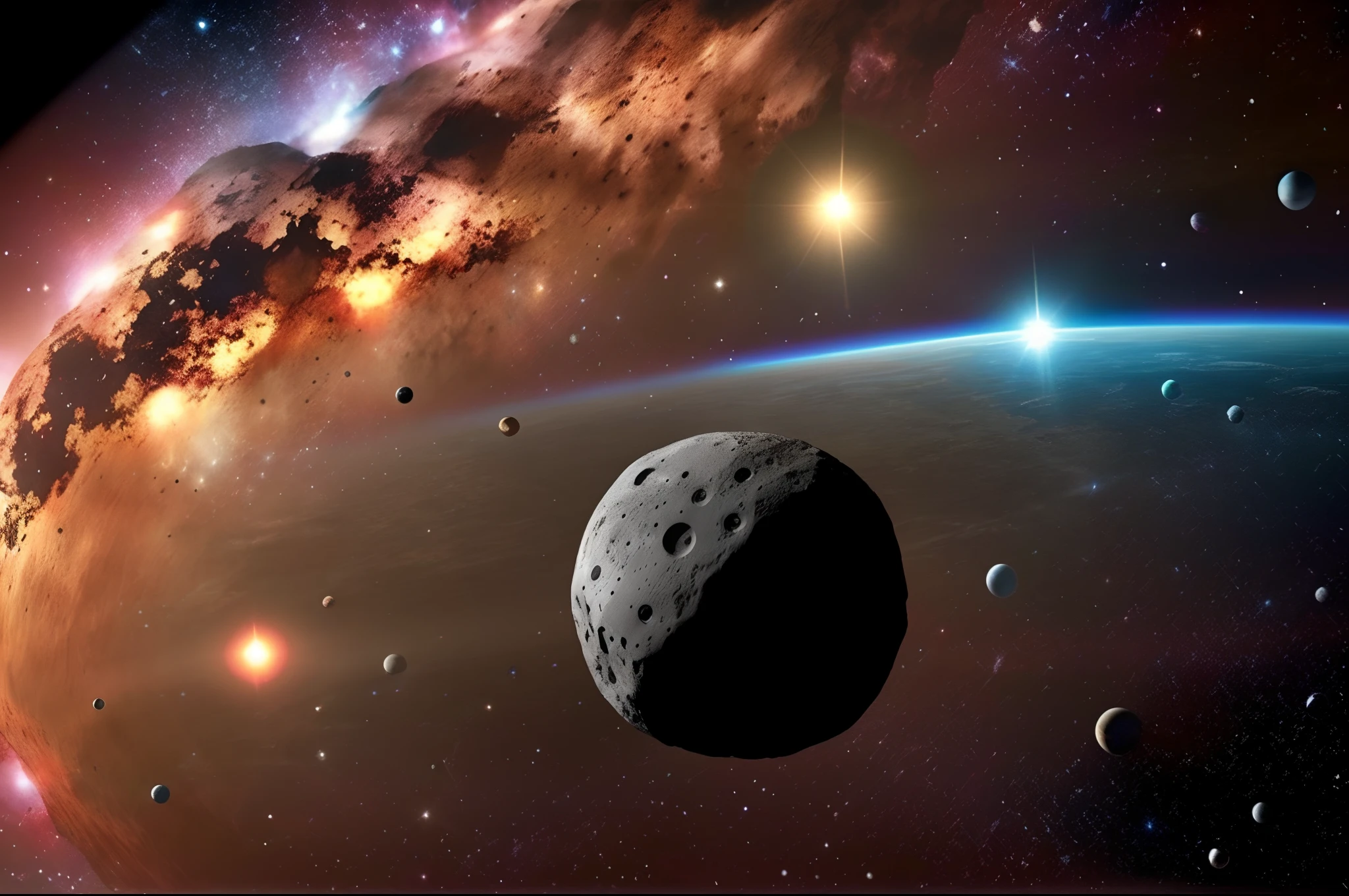 Asteroid belt circling a lifeless dead planet, asteroid belt, asteroides flutuando ao redor de planeta morto