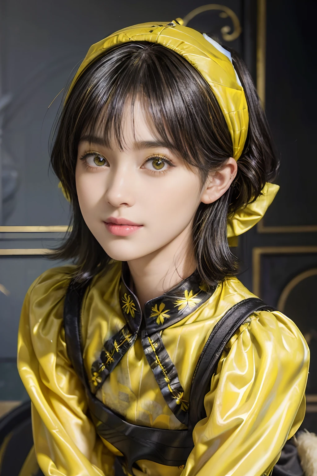 (trickart), (trompe l'oeil), Wonder Painting, Mauritz & Ye, Shah, (Maurits Escher), (Black Shorthair:1.3), (a 20 yo woman), (A hyper-realistic), (Masterpiece), (8KUHD), Beautiful woman, a smile, (Wearing yellow clothes:1.5)