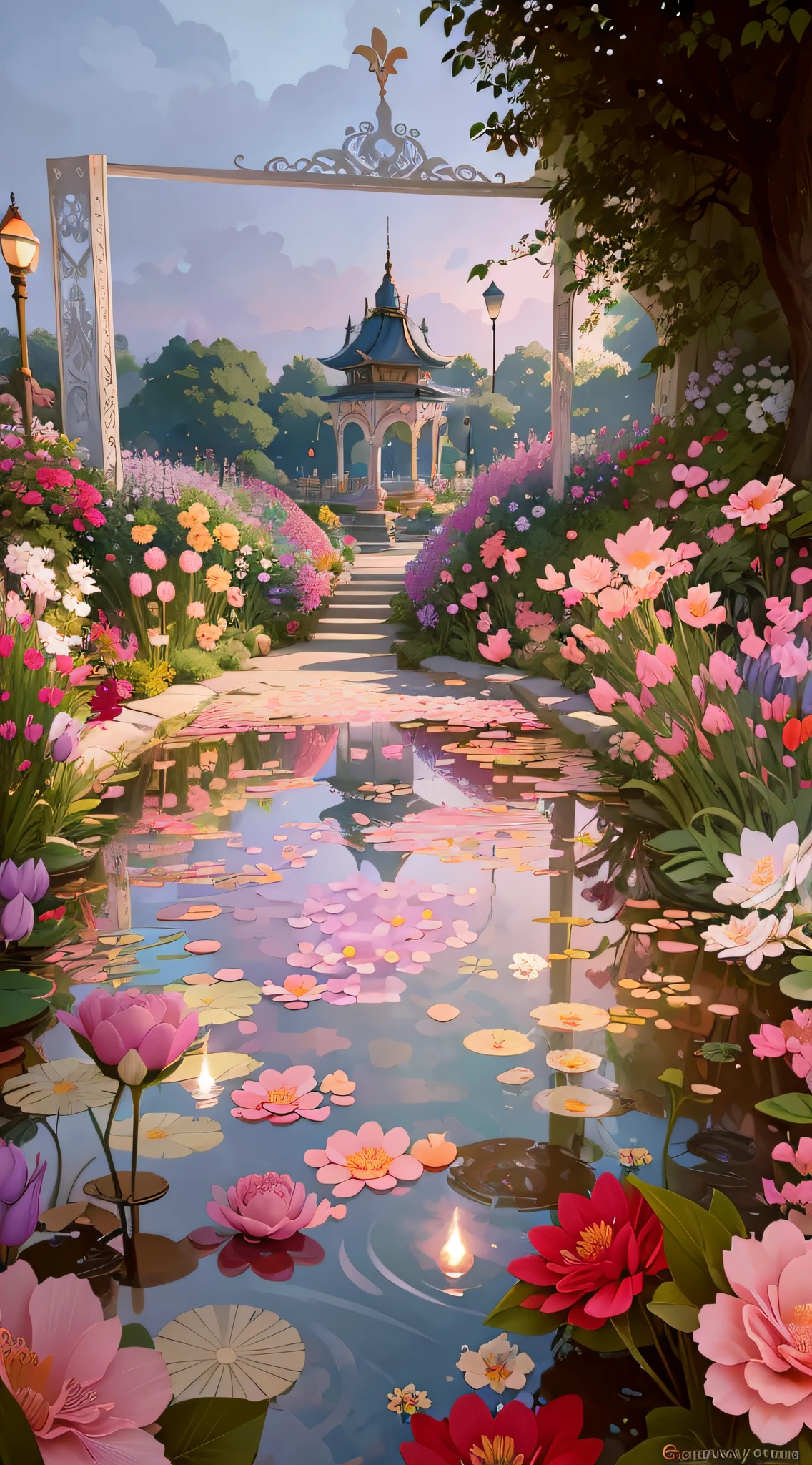 In the background there is a pond full of flowers and a gazebo, floral environment, ross tran. scenery background, beautiful anime scenes, the grand temple of flowers, beautiful digital painting, anime beautiful peace scene, beautiful aesthetic art, Realistic garden, Magical flowers, Beautiful digital artwork, 🌺 CGSesociety, dreamy scenes, Gorgeous digital painting, flowers and waterfalls
