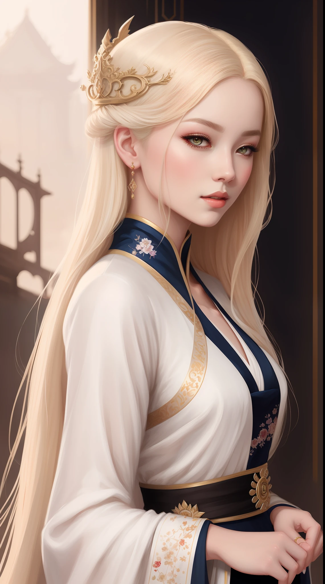 a close up of a woman with long blonde hair wearing a white dress, artwork in the style of guweiz, a beautiful fantasy empress, ((a beautiful fantasy empress)), guweiz, fantasy art style, digital art of an elegant, in the art style of bowater, blonde - haired princess, palace , a girl in hanfu, elegant digital painting