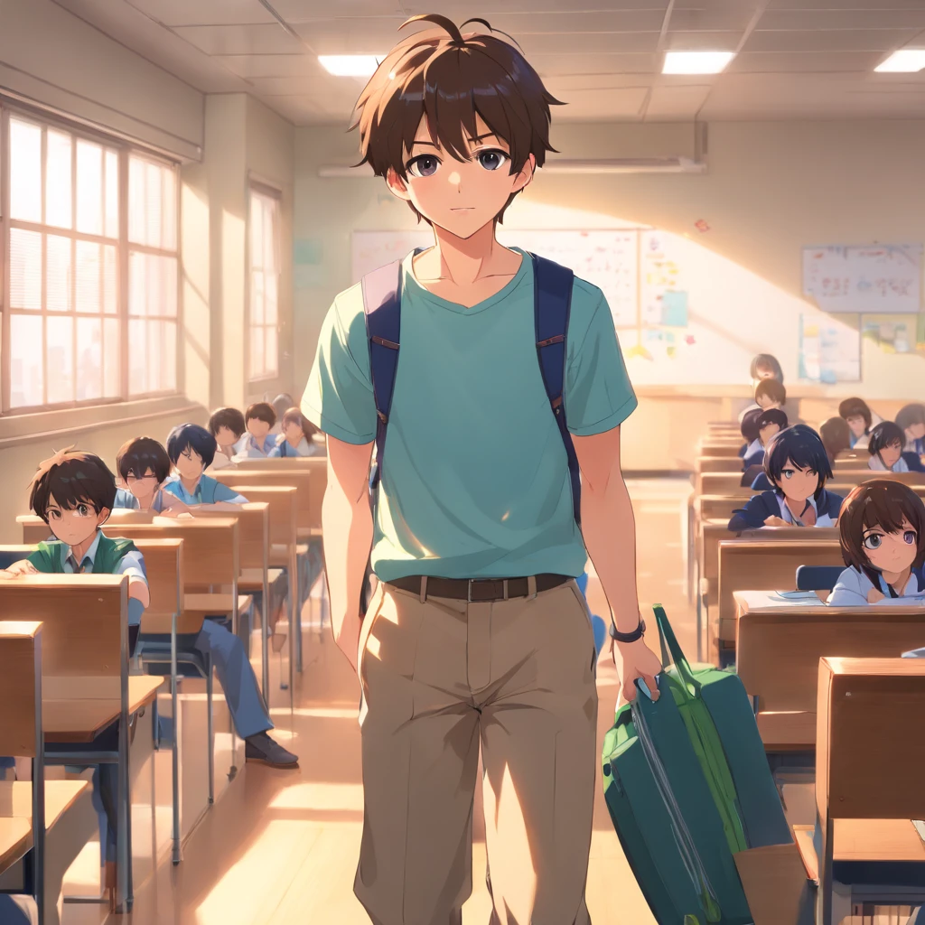 junior school student,adolable,Handsome,younge boy, Show your strong body in the classroom room, Sharply defined、Fine muscles,short- sleeved,shorter pants